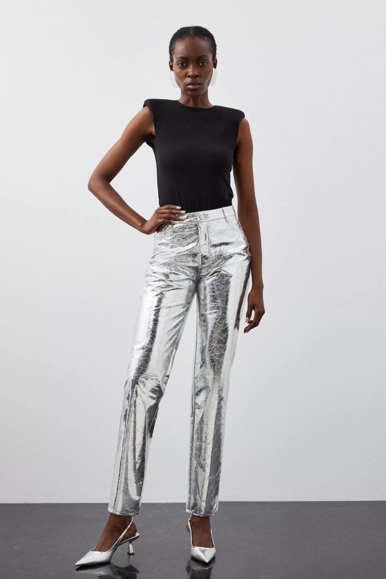 Karen Millen Petite Metallic Faux Leather Straight Pants