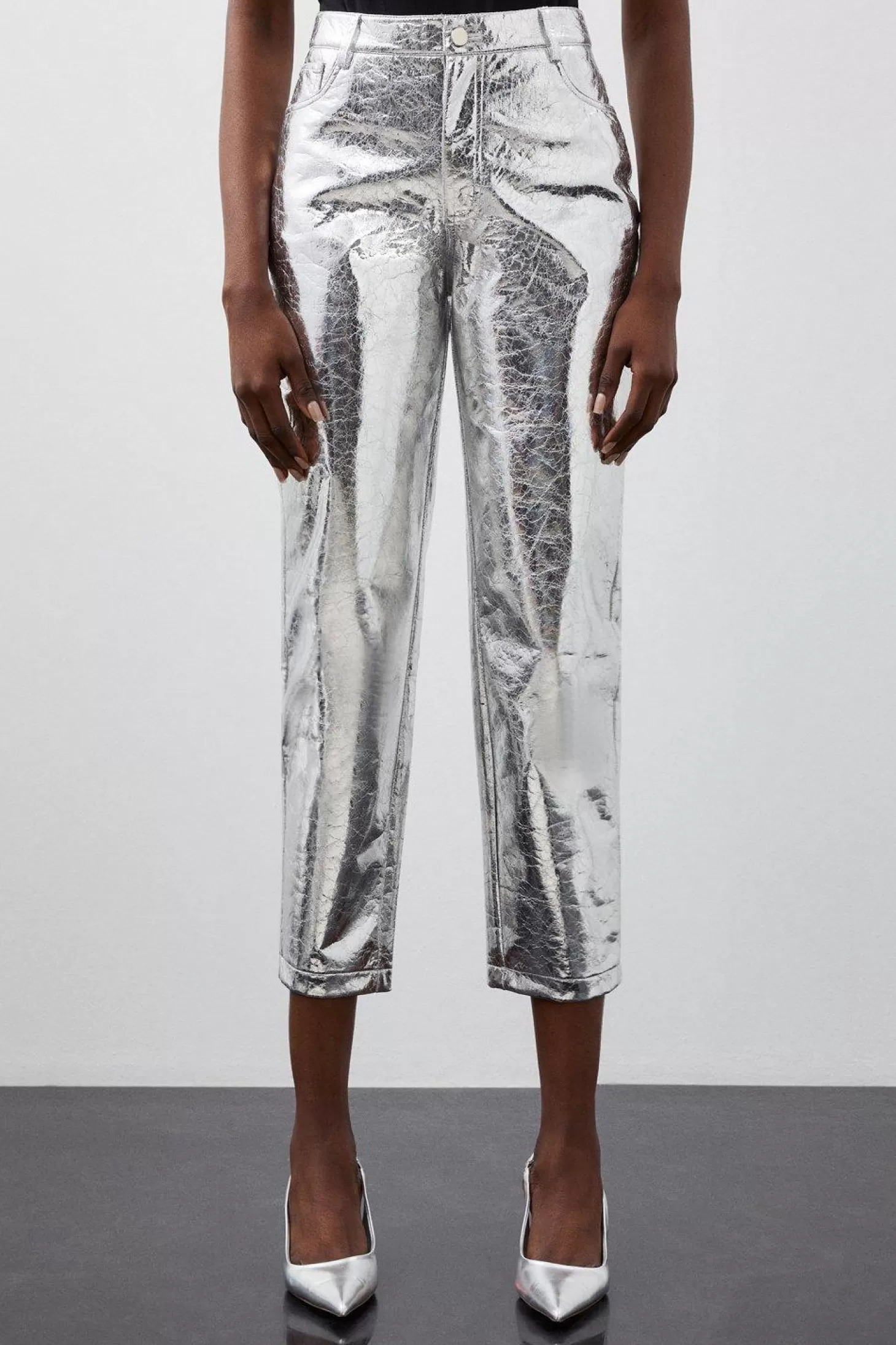 Karen Millen Petite Metallic Faux Leather Straight Pants