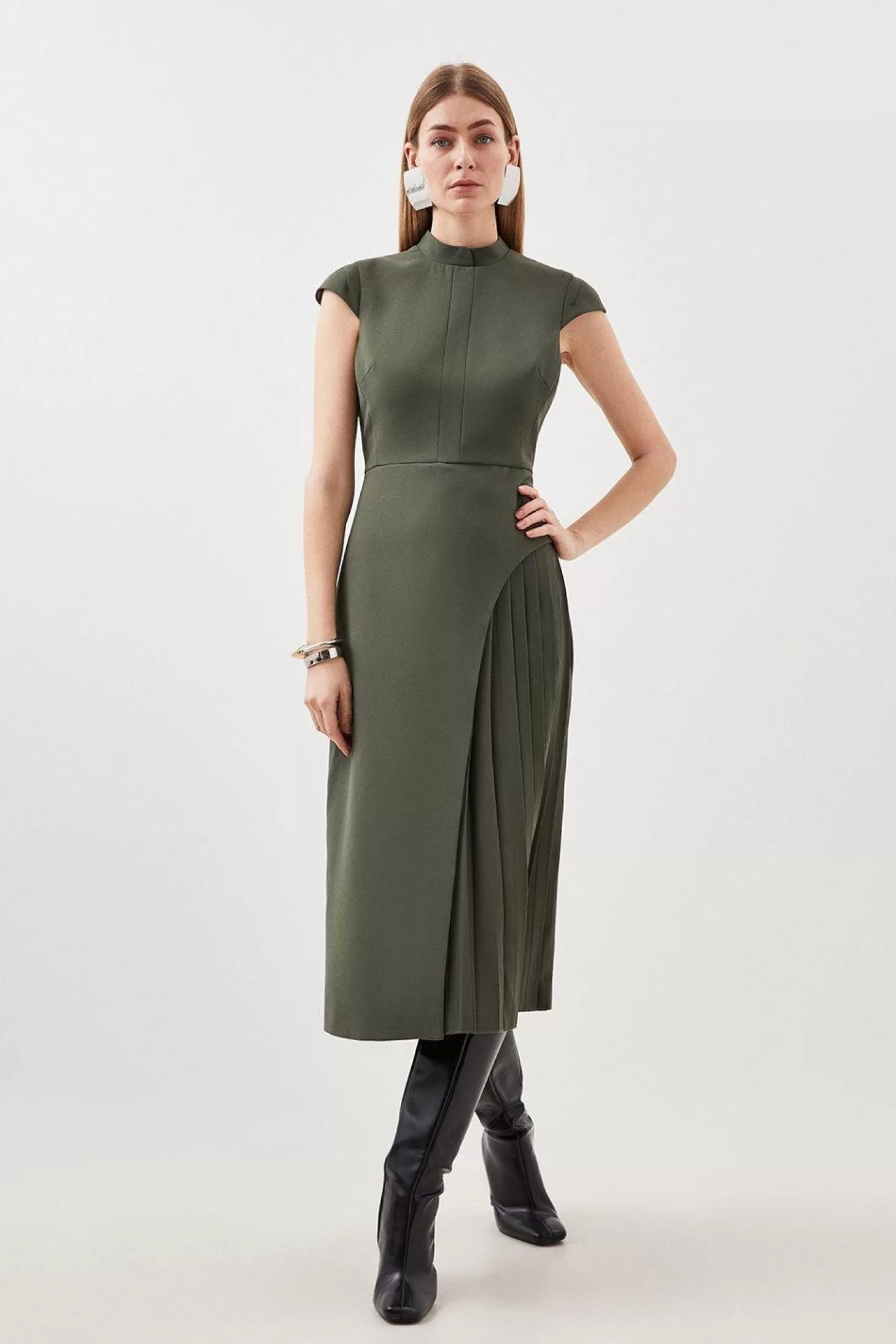 Karen Millen Petite Military Pleated Tailored Crepe Midi Dress