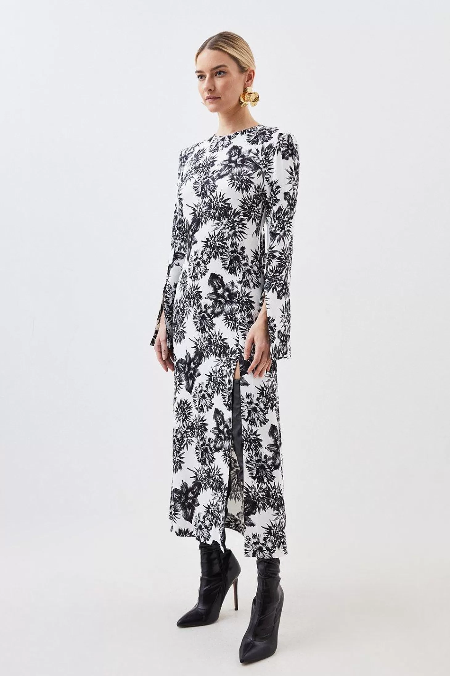 Karen Millen Petite Floral Woven Viscose Satin Midi Dress