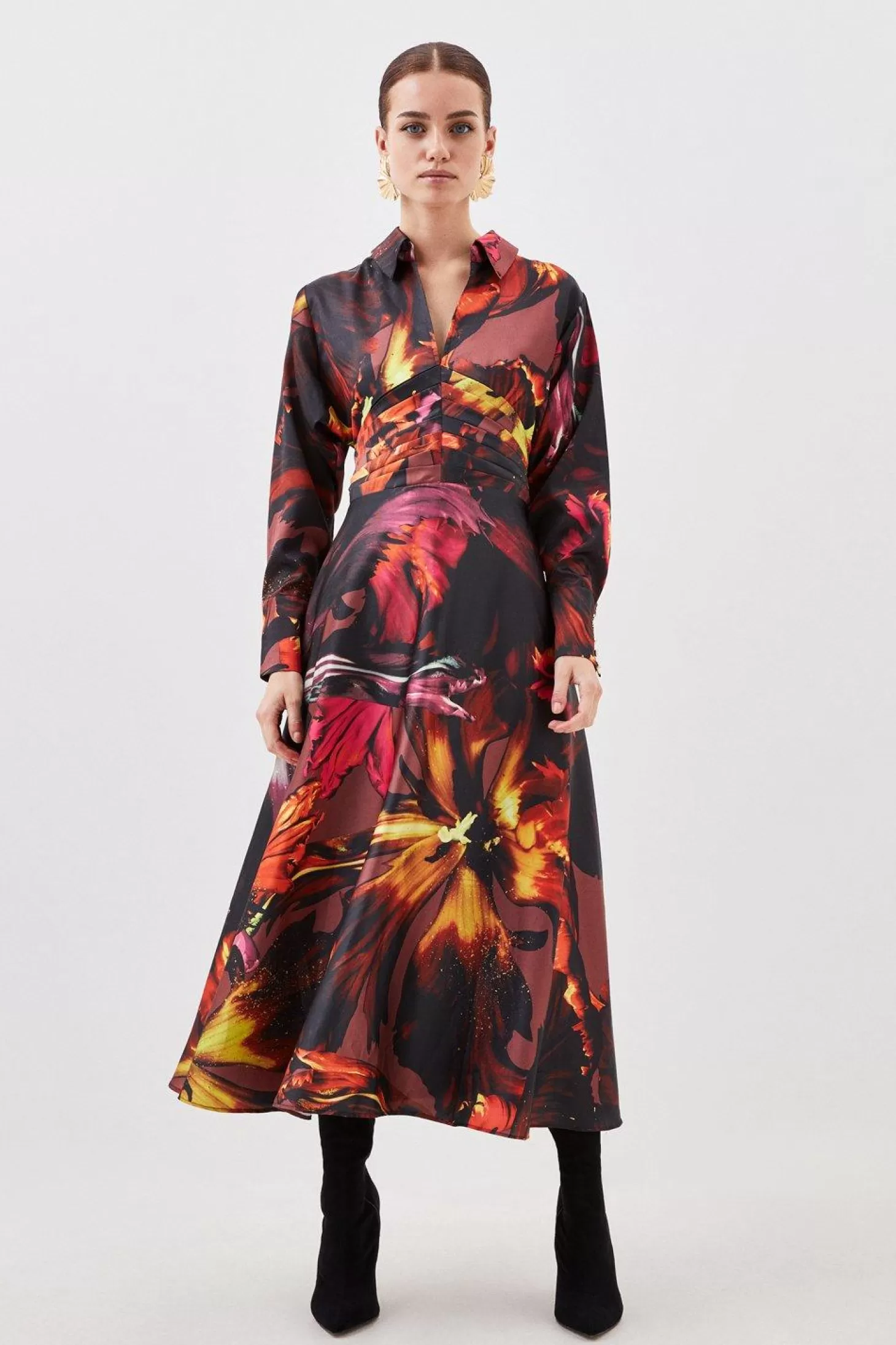 Karen Millen Petite Photographic Lily Draped Satin Woven Midi Dress