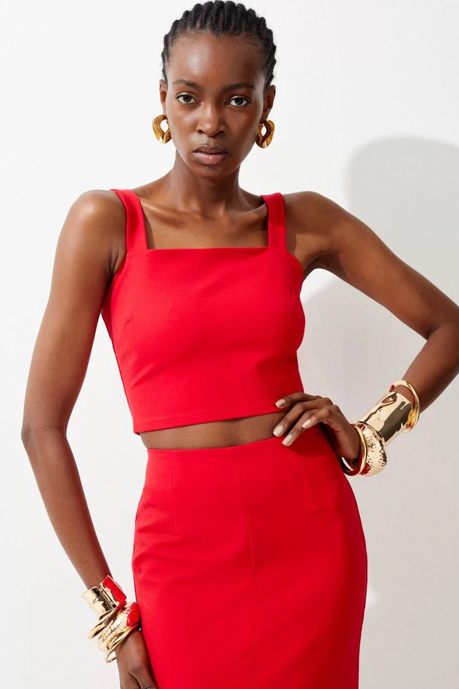 Karen Millen Petite Ponte Strappy Crop Top Split Front Skirt Jersey Set
