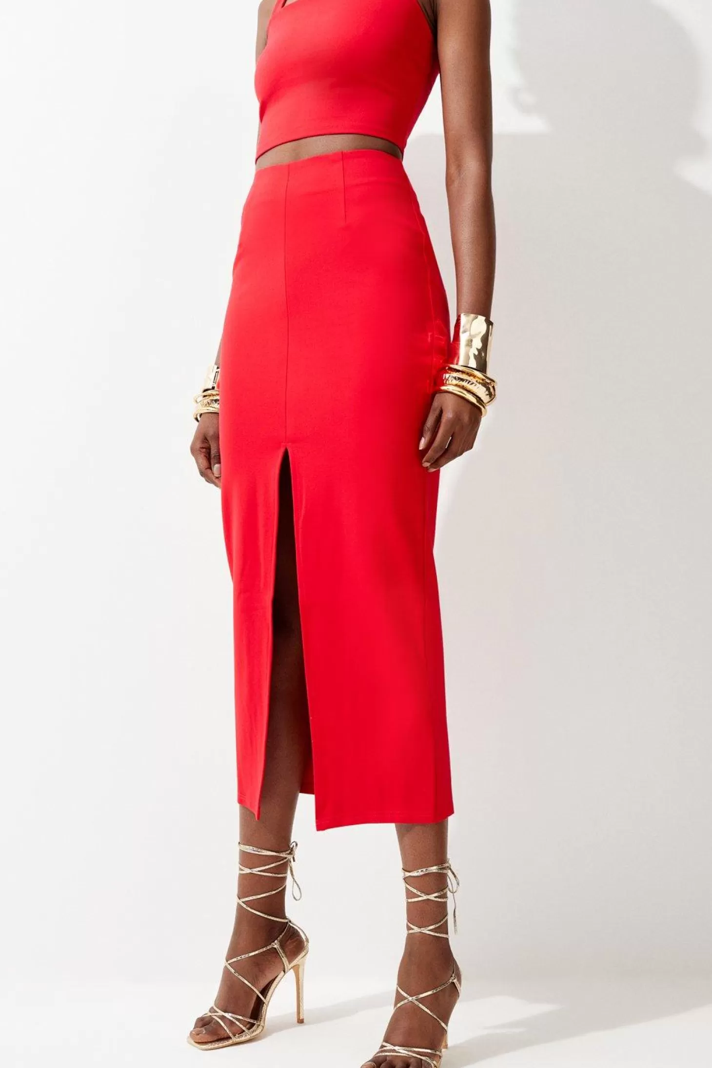Karen Millen Petite Ponte Strappy Crop Top Split Front Skirt Jersey Set
