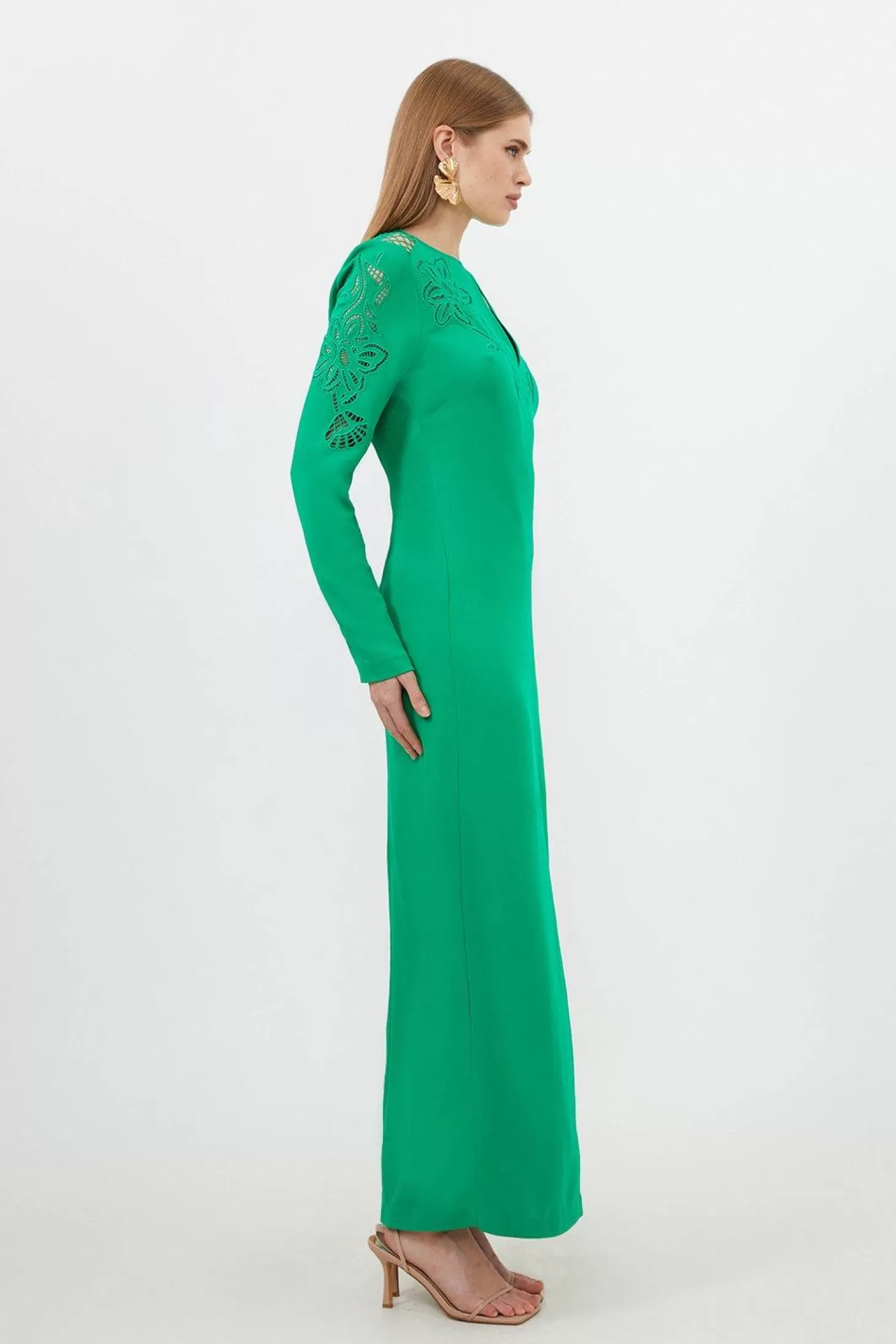 Karen Millen Petite Premium Cady Cutwork Woven Long Sleeve Maxi Dress