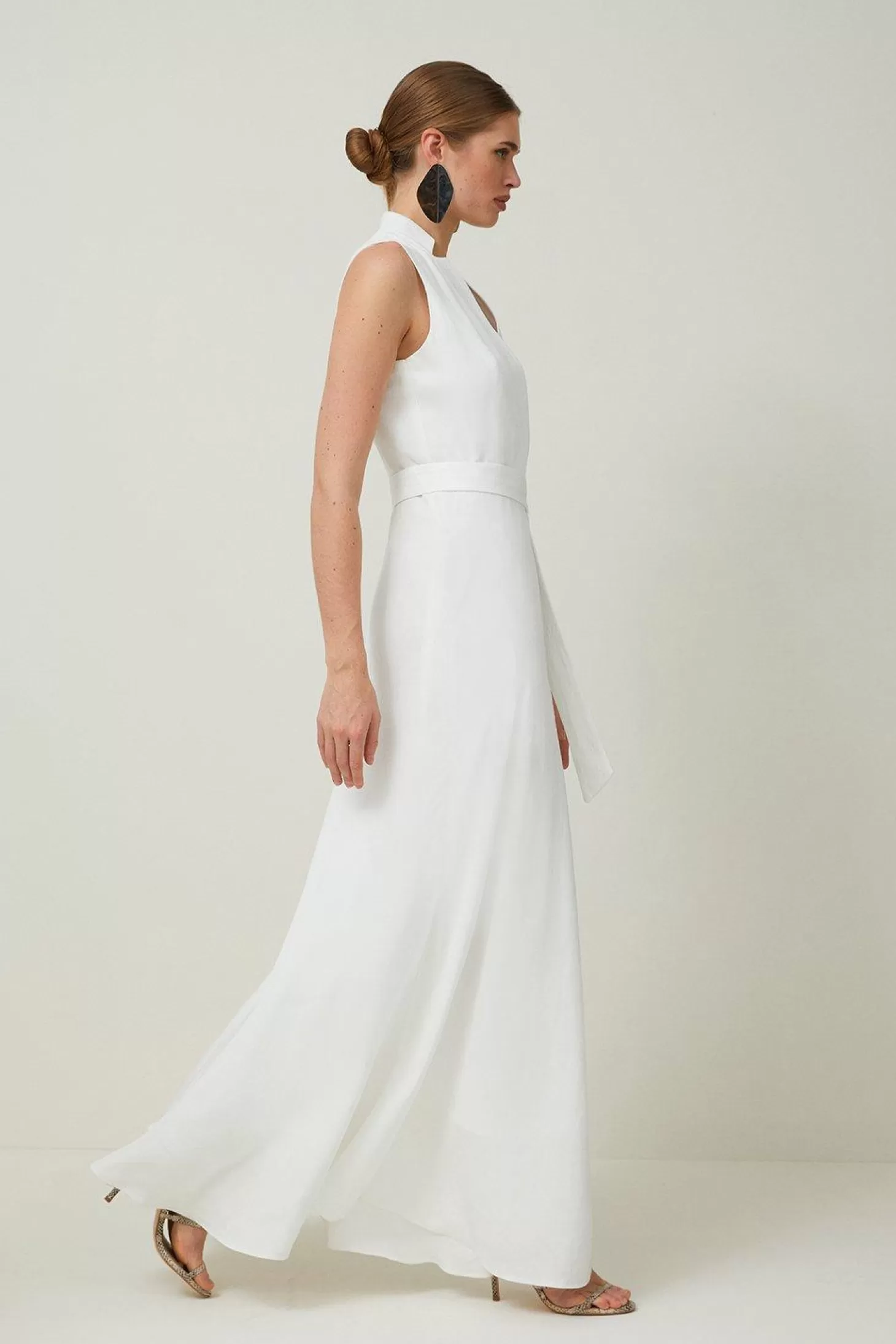 Karen Millen Petite Premium Tailored Linen Notch Neck Belted Midaxi Dress