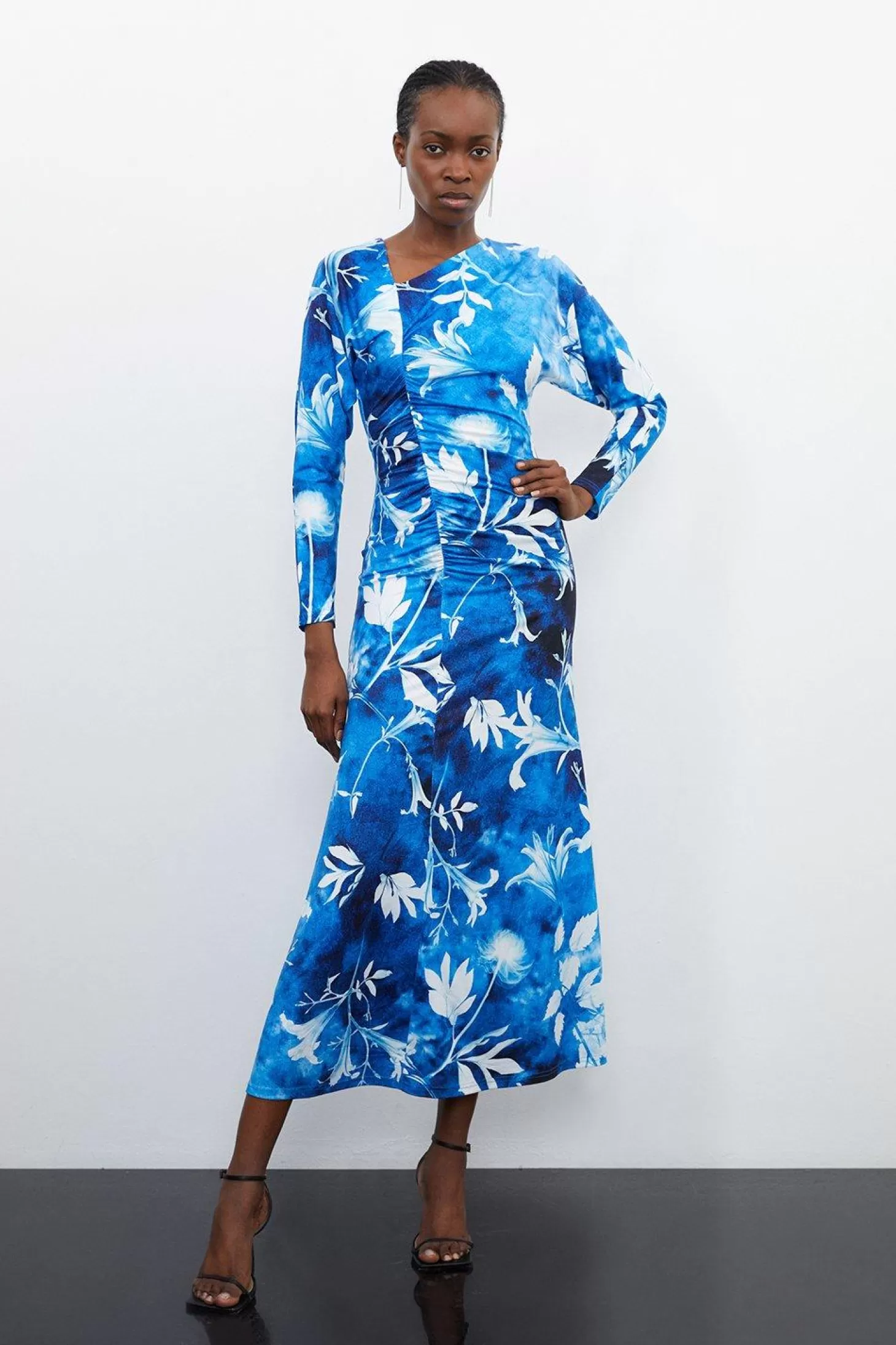 Karen Millen Petite Pressed Floral Asymmetric Jersey Crepe Maxi Dress