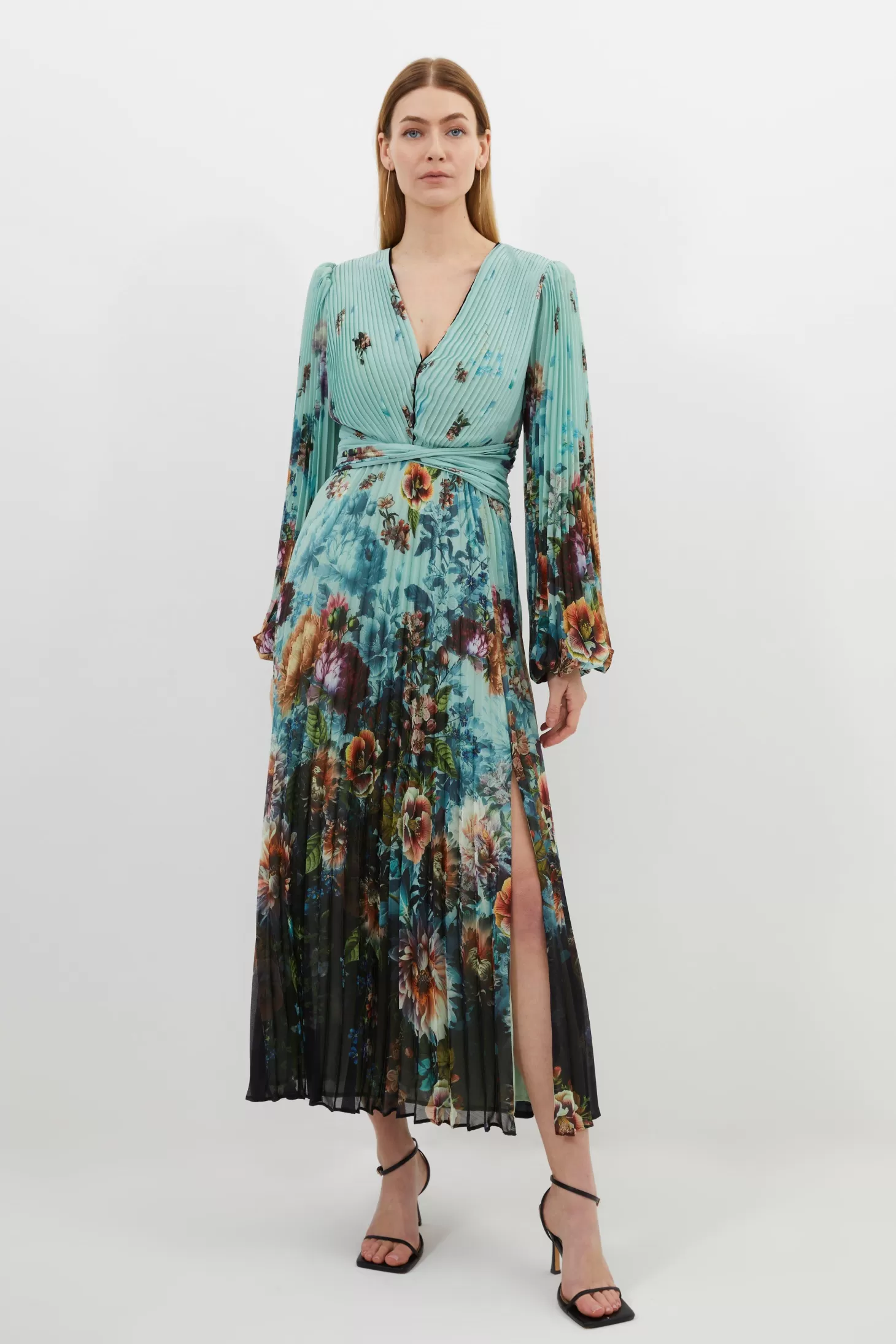 Karen Millen Petite Printed Pleated Yoryu Crinkle Cut Out Woven Maxi Dress