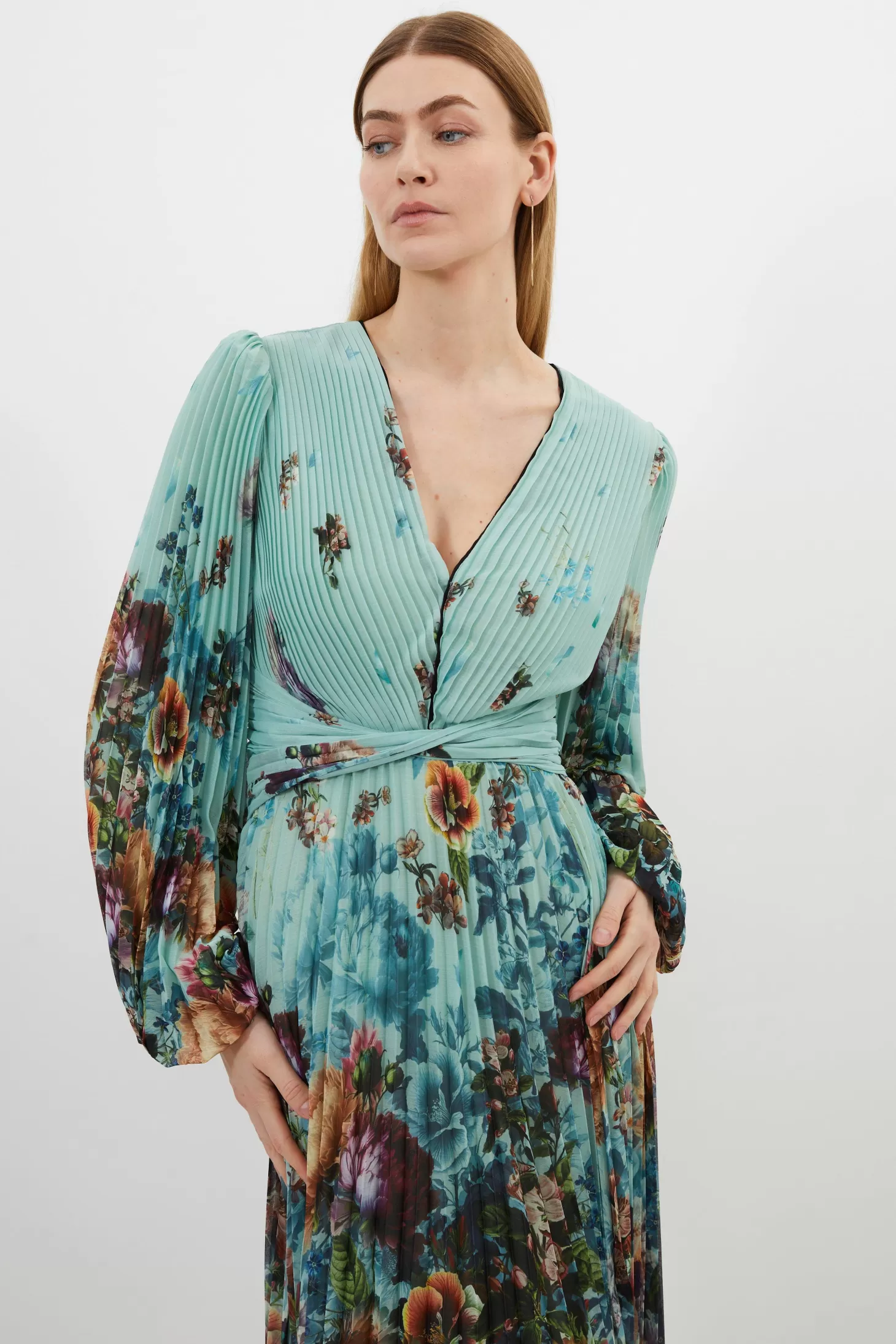 Karen Millen Petite Printed Pleated Yoryu Crinkle Cut Out Woven Maxi Dress