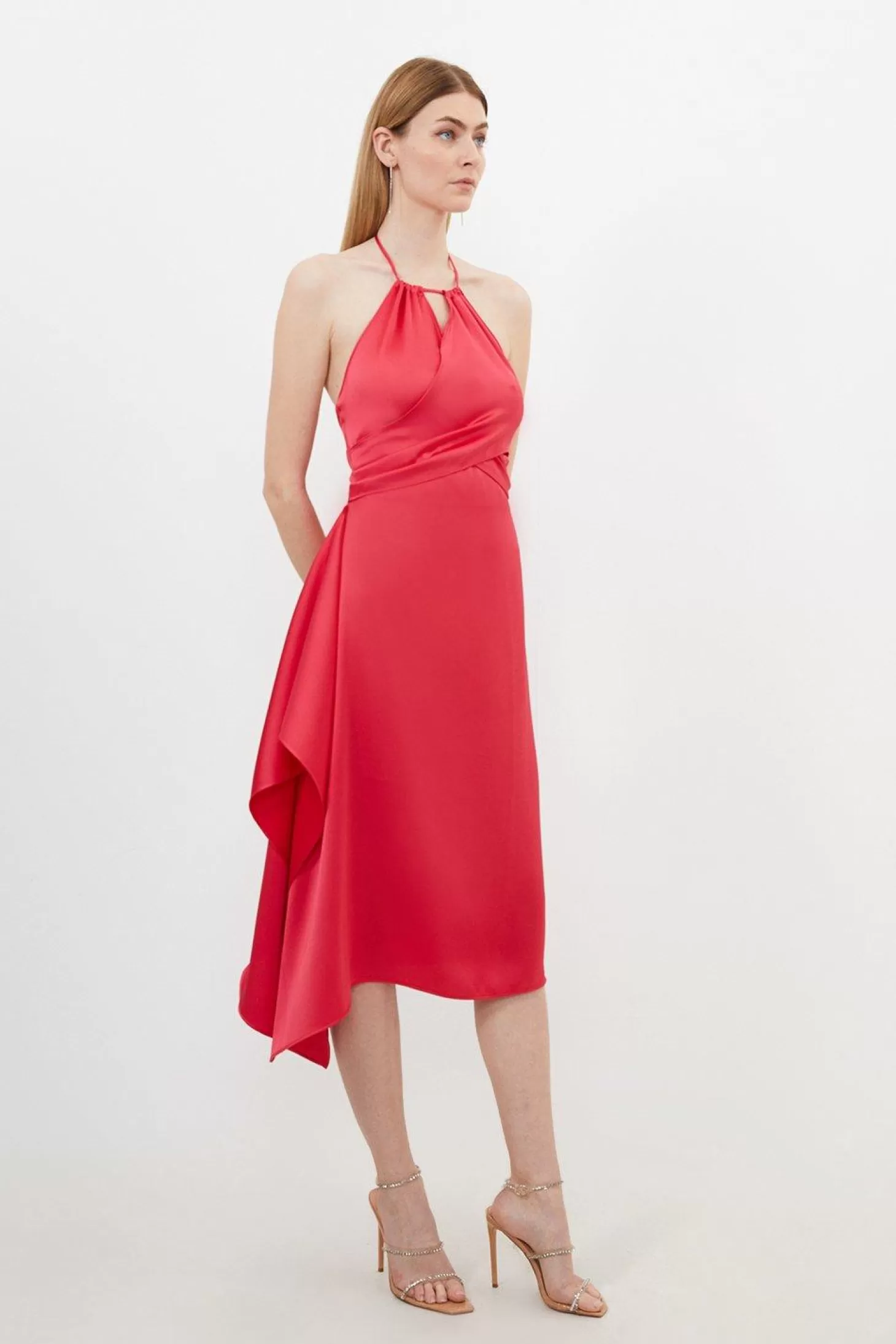 Karen Millen Petite Satin Back Crepe Draped Wrap Halter Neck Midi Dress
