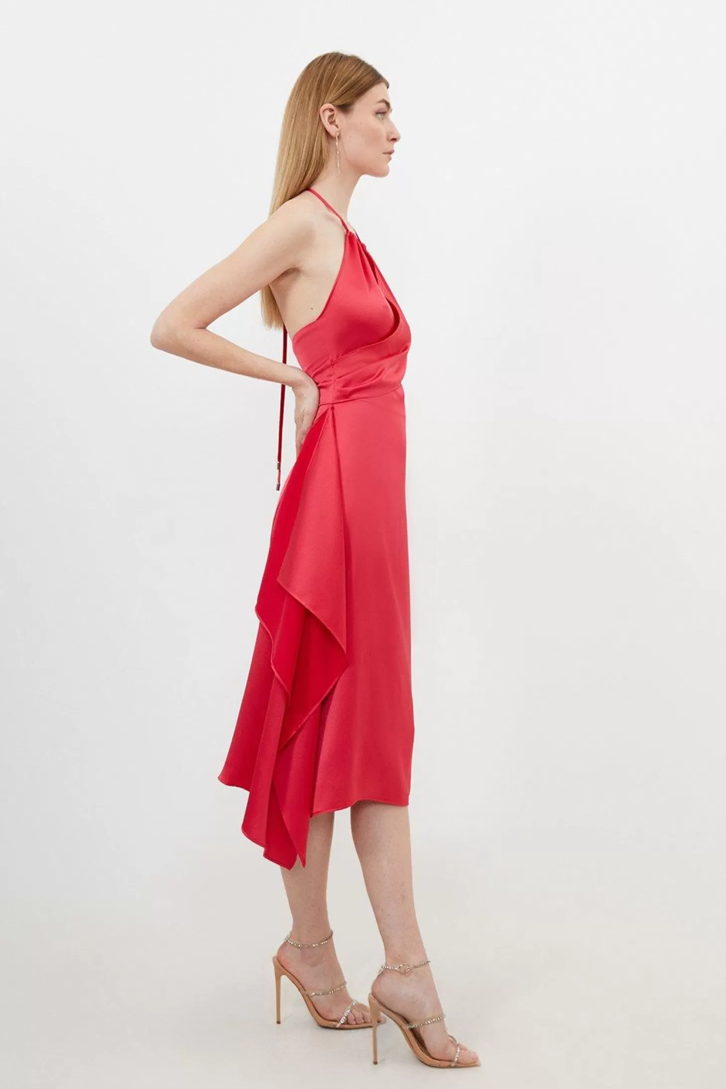 Karen Millen Petite Satin Back Crepe Draped Wrap Halter Neck Midi Dress