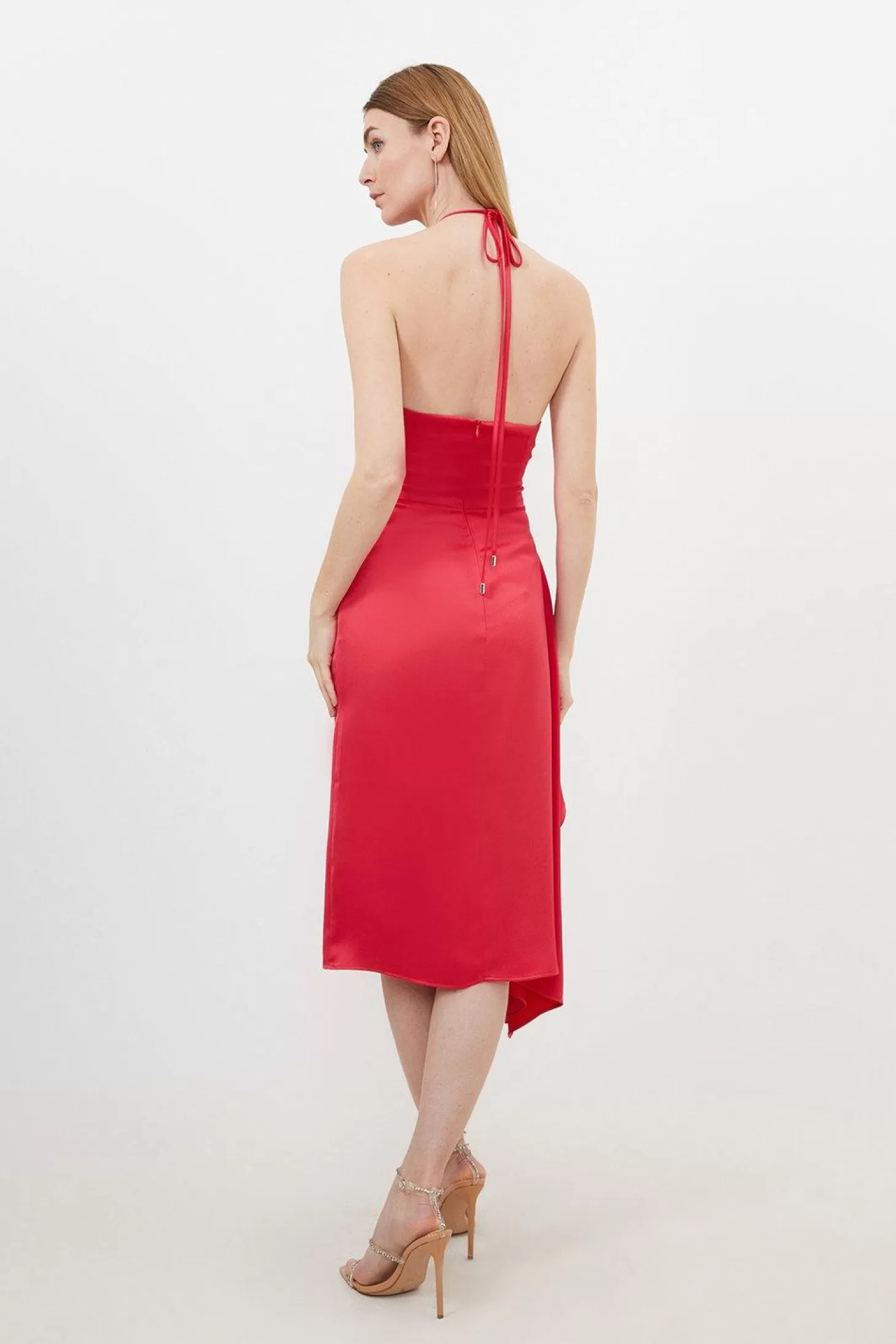 Karen Millen Petite Satin Back Crepe Draped Wrap Halter Neck Midi Dress