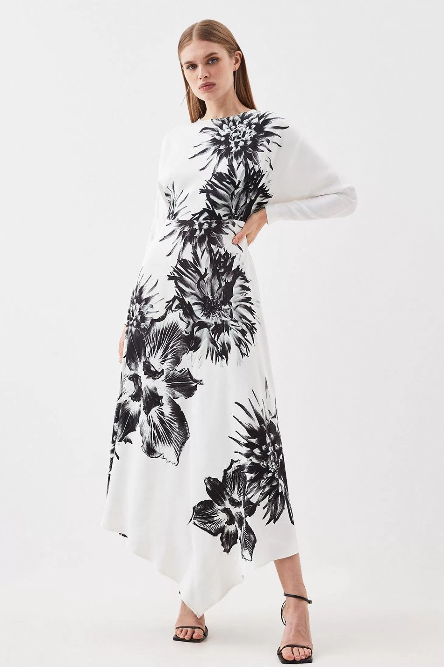 Karen Millen Petite Satin Crepe Floral Long Sleeve Woven Midi Dress