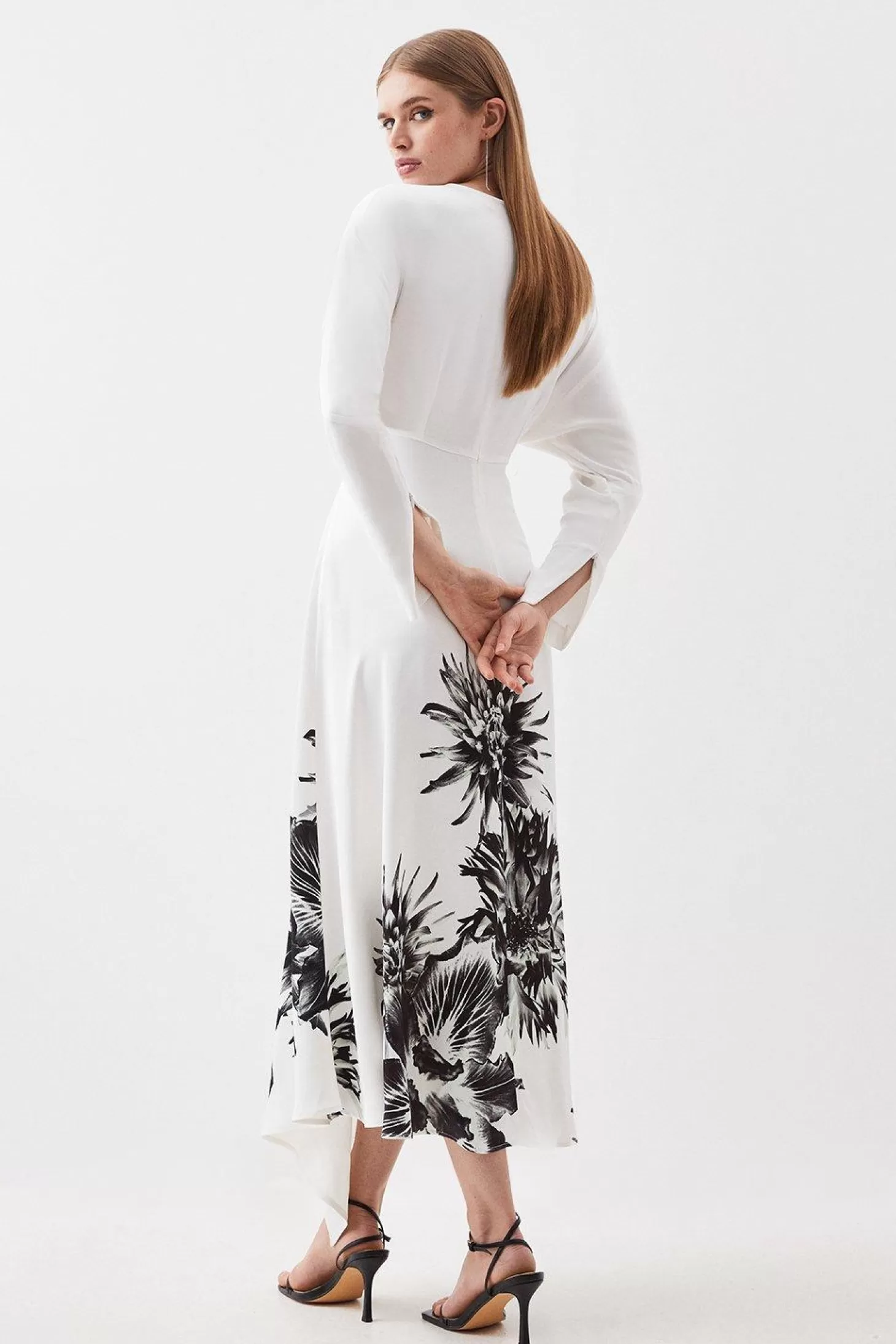 Karen Millen Petite Satin Crepe Floral Long Sleeve Woven Midi Dress