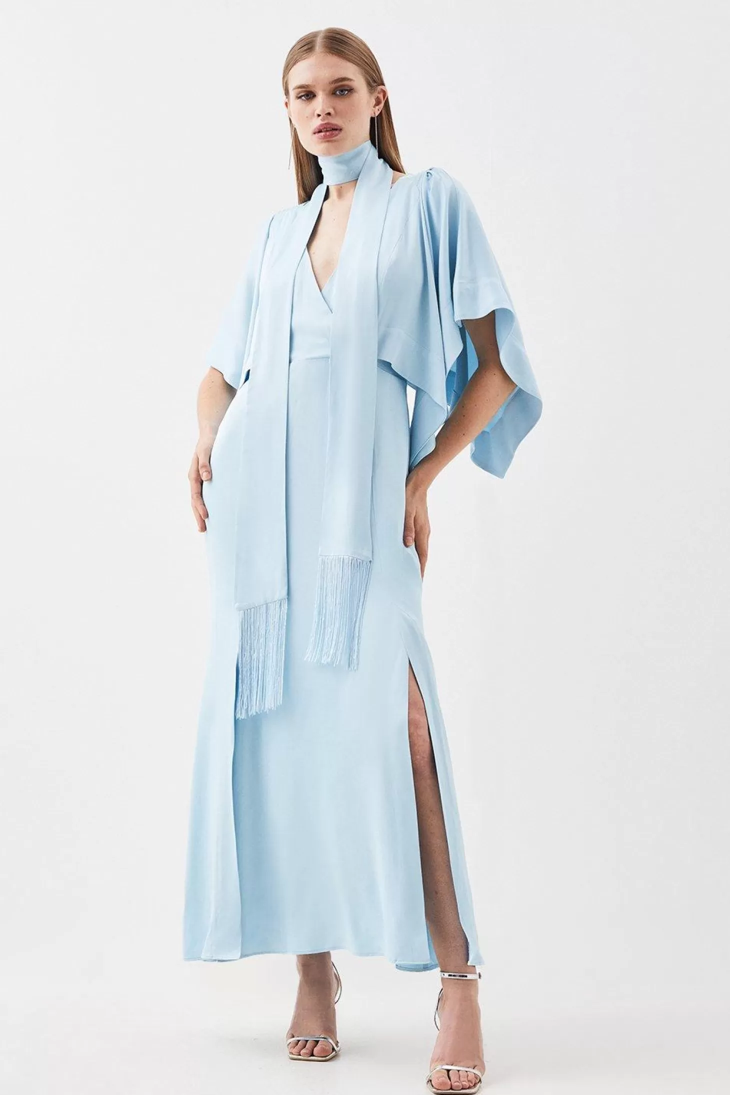 Karen Millen Petite Satin Crepe Tie Neck Woven Maxi Dress