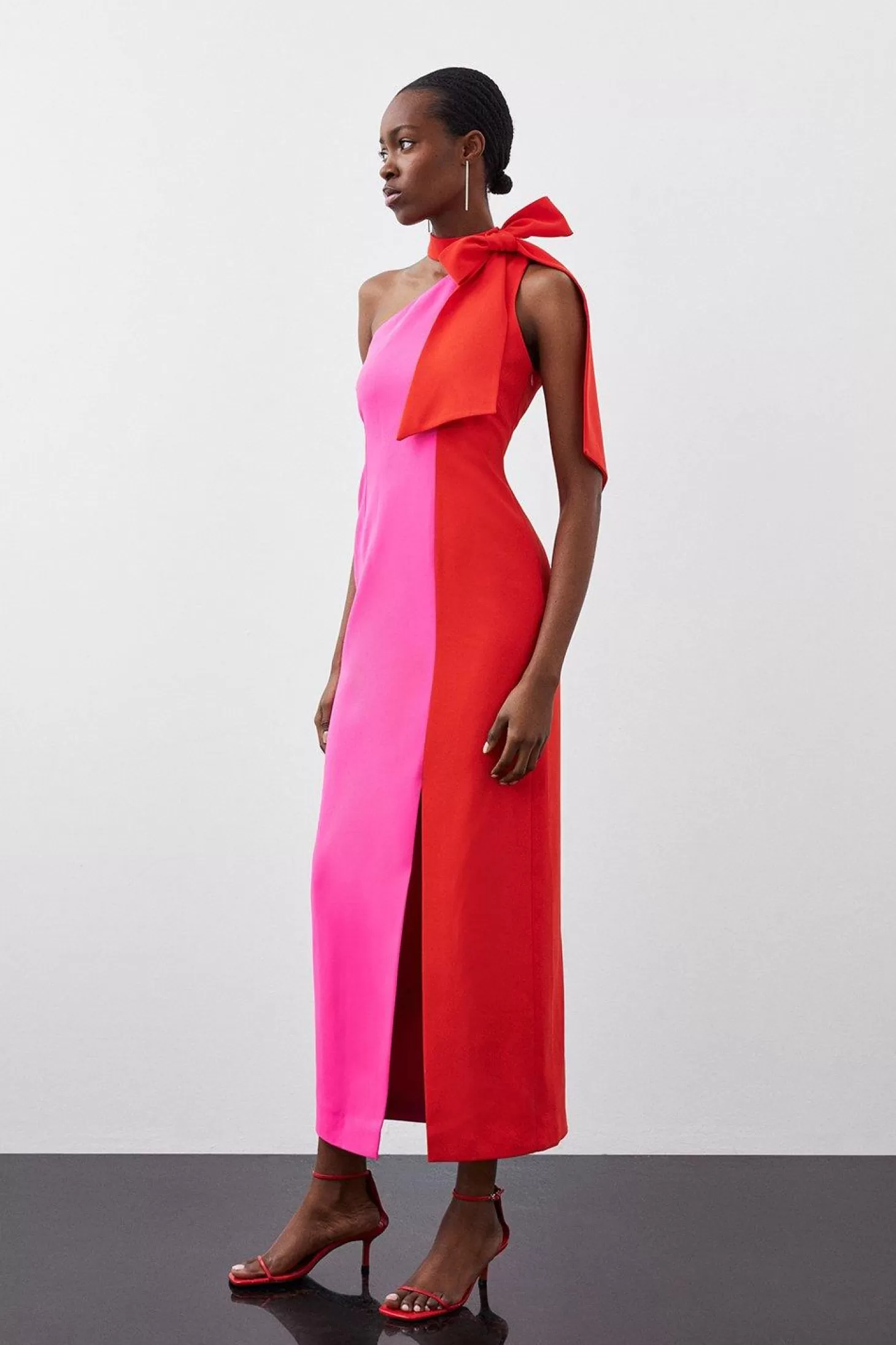 Karen Millen Petite Soft Tailored Color Block Tie Neck Midi Dress