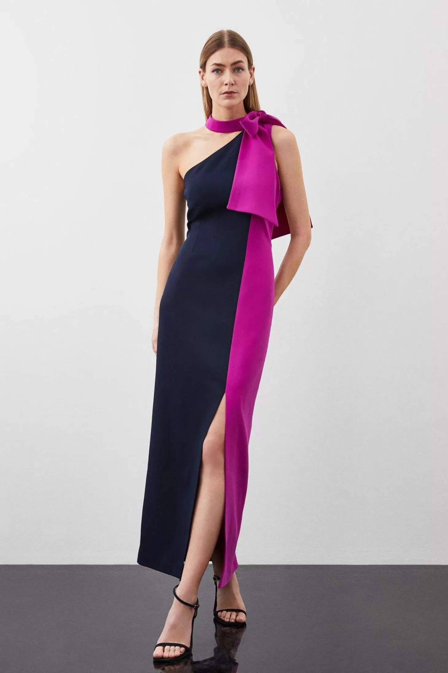 Karen Millen Petite Soft Tailored Color Block Tie Neck Midi Dress