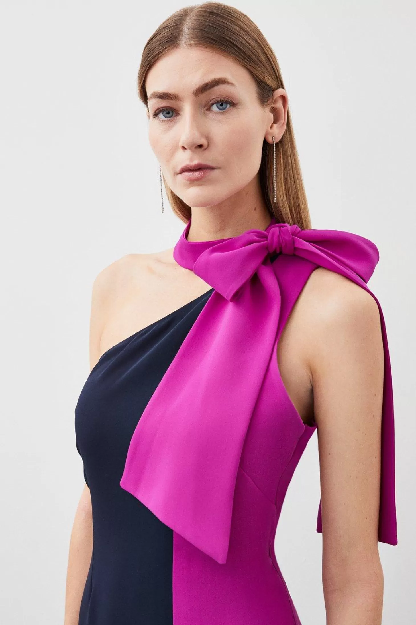 Karen Millen Petite Soft Tailored Color Block Tie Neck Midi Dress