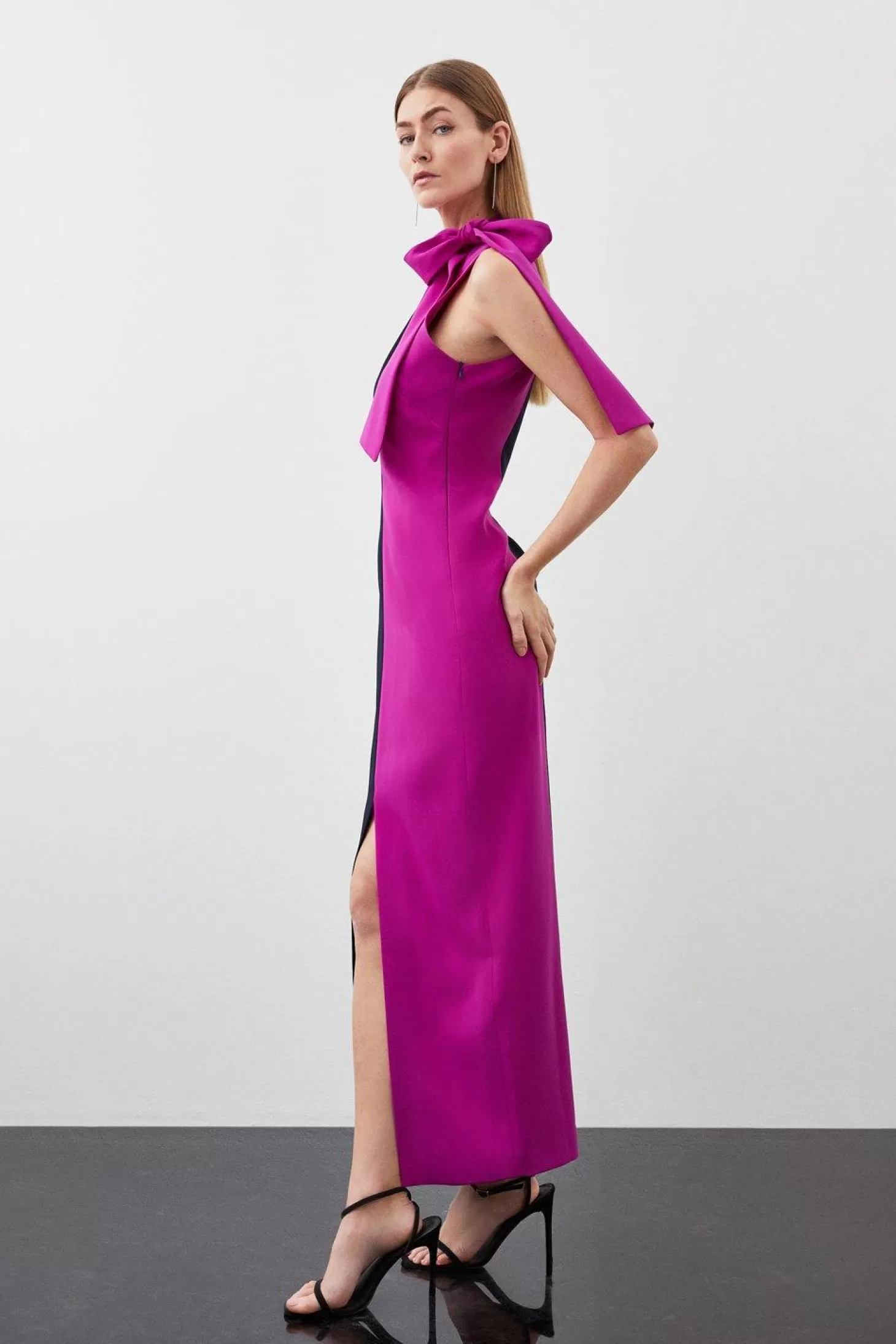 Karen Millen Petite Soft Tailored Color Block Tie Neck Midi Dress