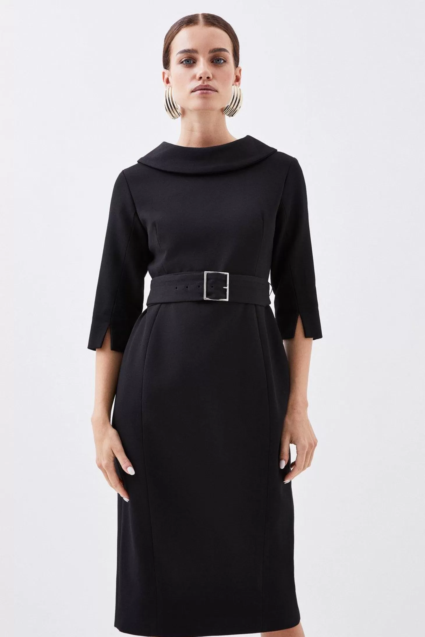 Karen Millen Petite Structured Crepe Turtleneck Belted Tailored Midi Dress