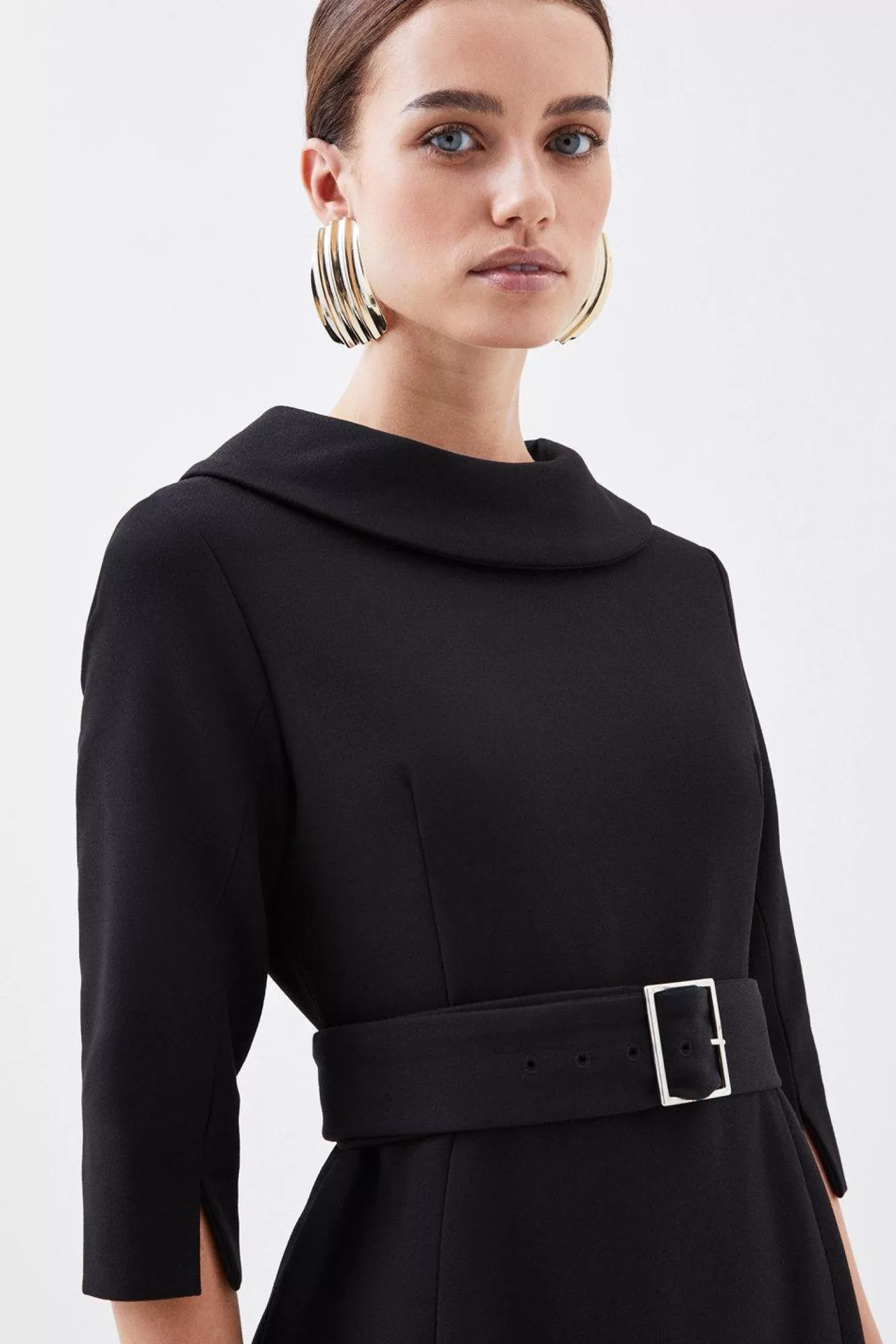 Karen Millen Petite Structured Crepe Turtleneck Belted Tailored Midi Dress