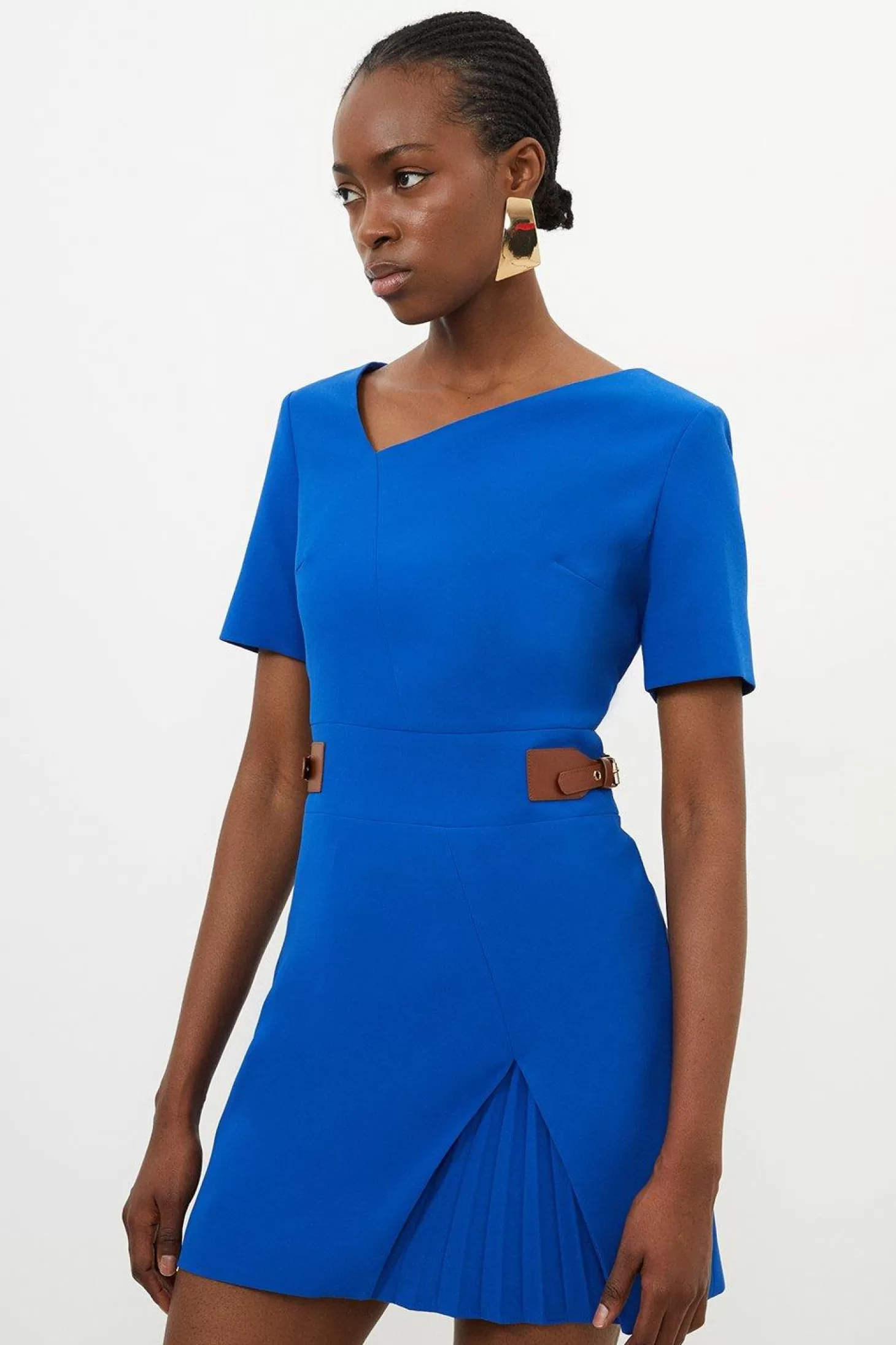 Karen Millen Petite Tailored Crepe Asymmetric Neckline Pleated Midi Dress