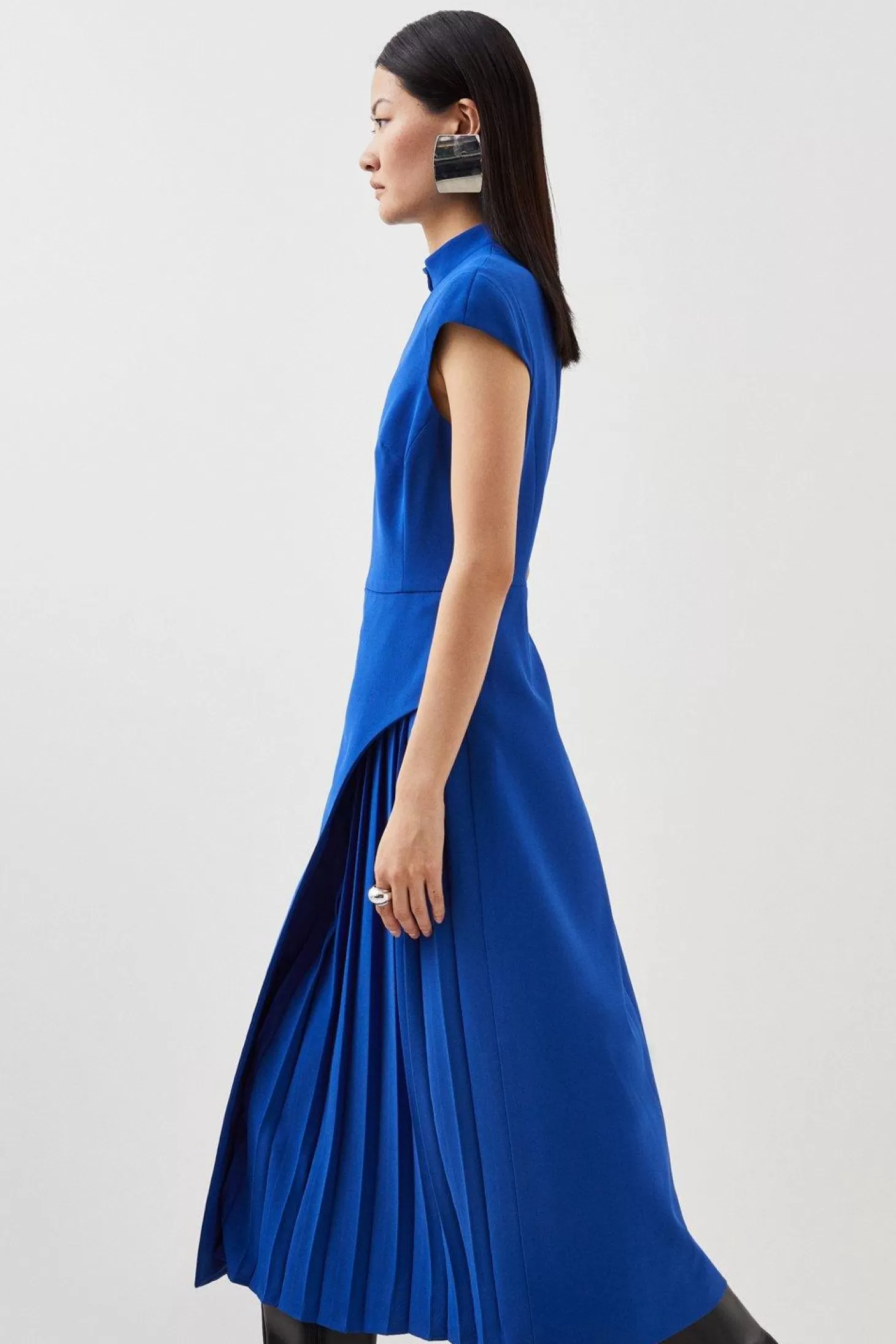 Karen Millen Petite Tailored Crepe High Neck Side Pleat Detail Midi Dress