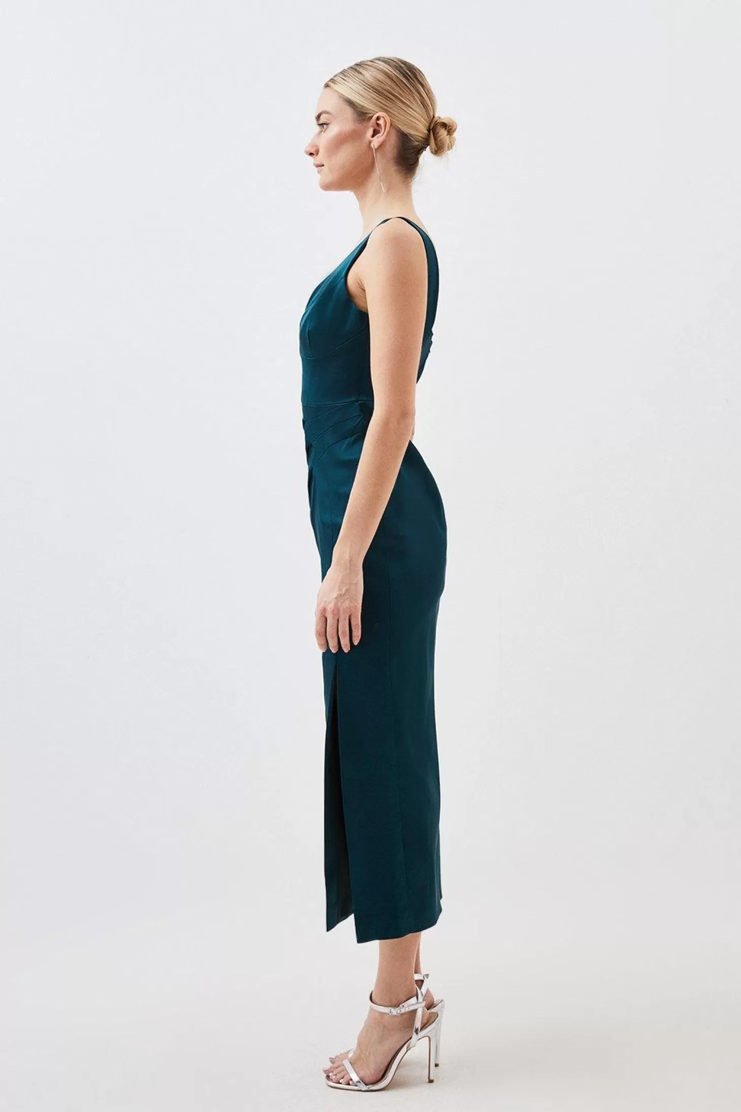Karen Millen Petite Tailored Italian Structured Satin Corset Detail Maxi Dress