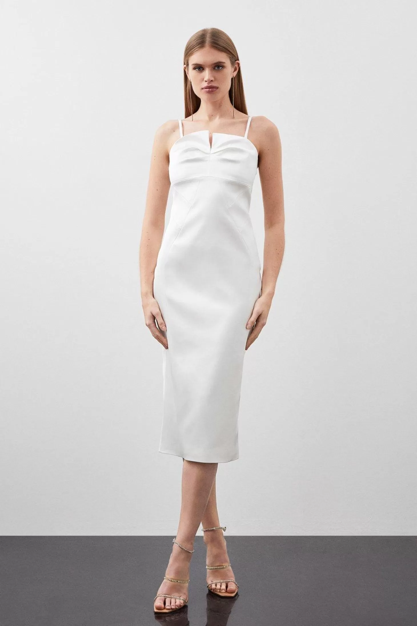 Karen Millen Petite Tailored Italian Structured Satin Tuck Detail Dress