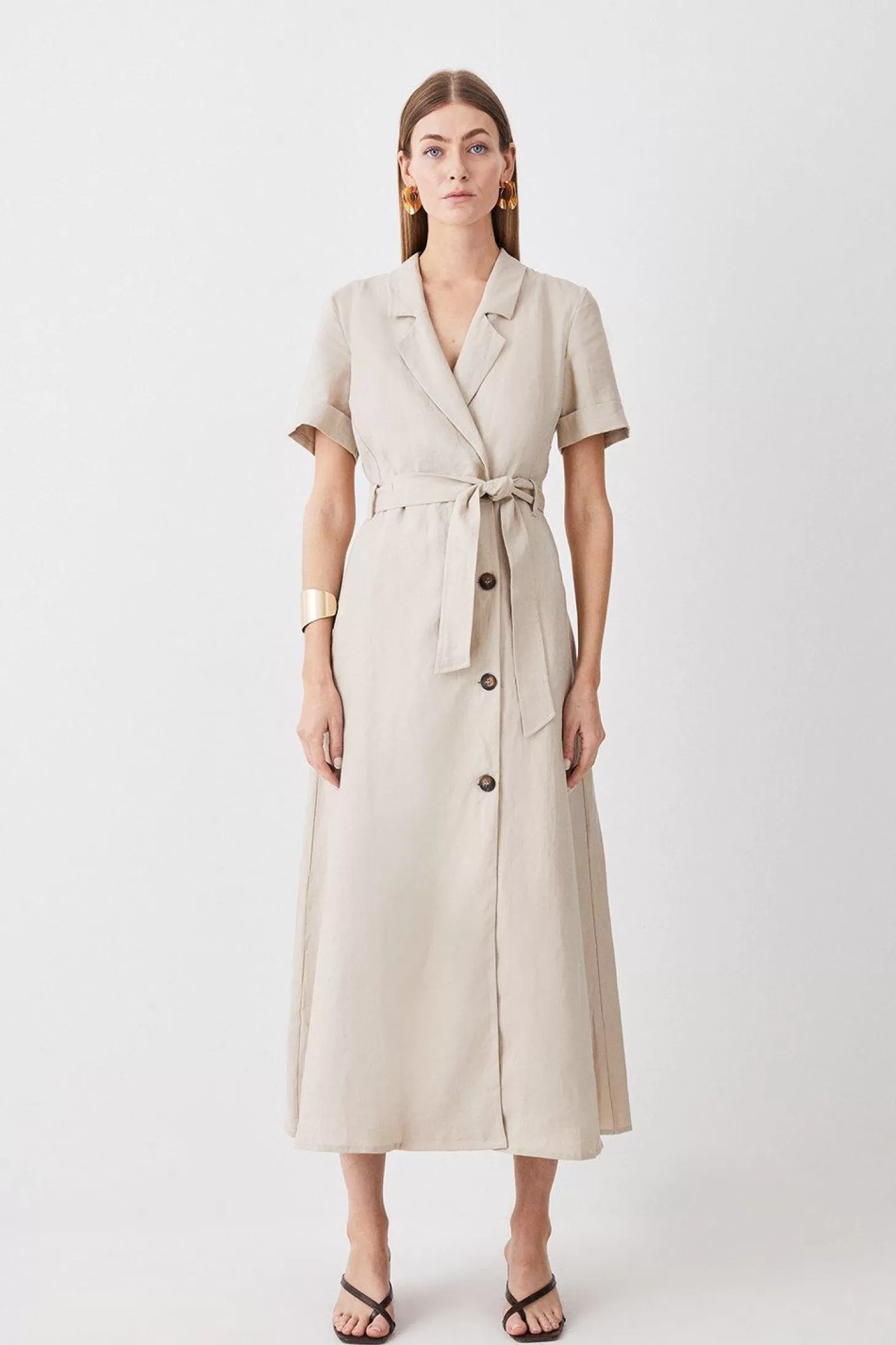 Karen Millen Petite Tailored Linen Belted Midi Dress