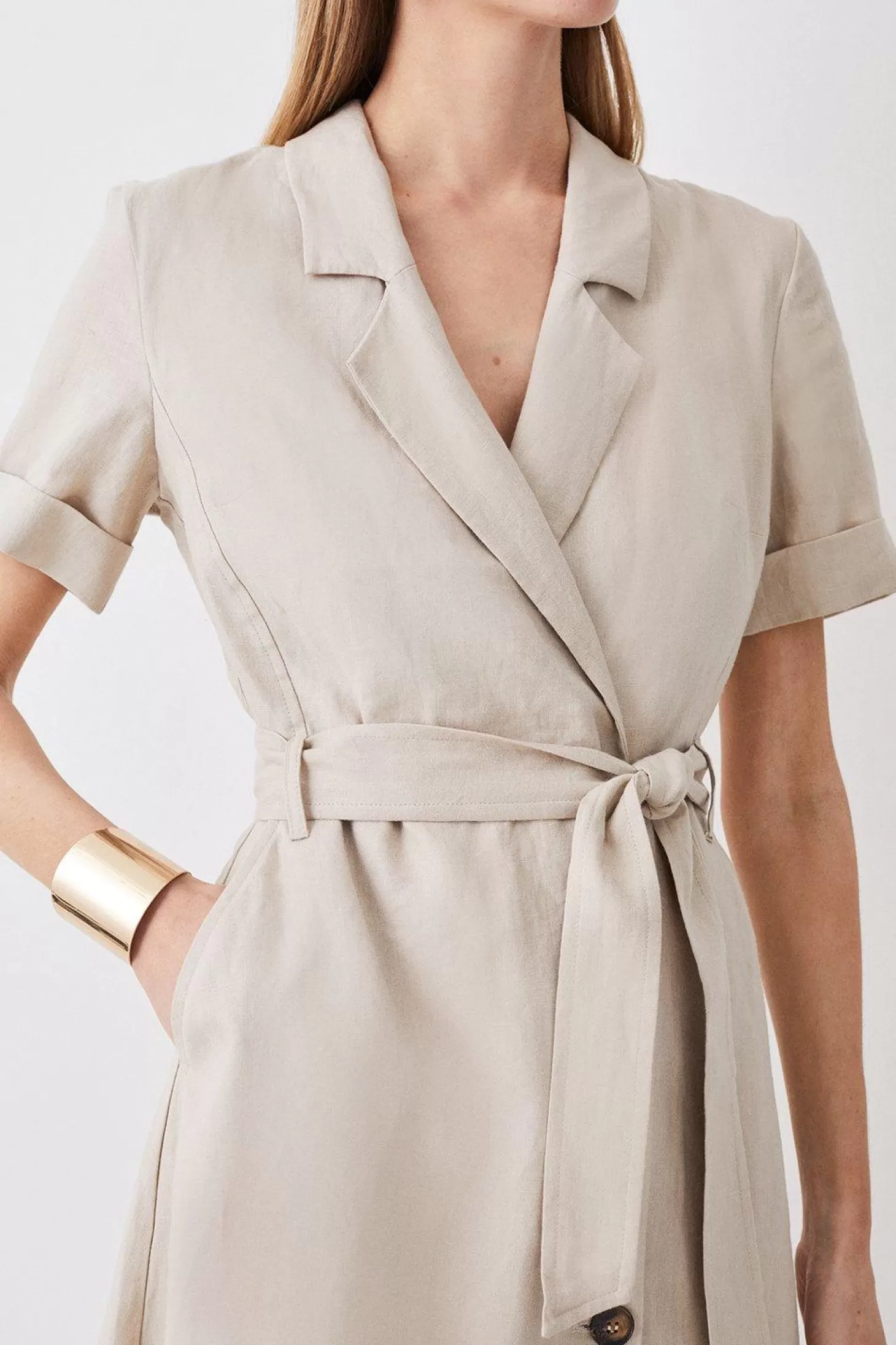 Karen Millen Petite Tailored Linen Belted Midi Dress