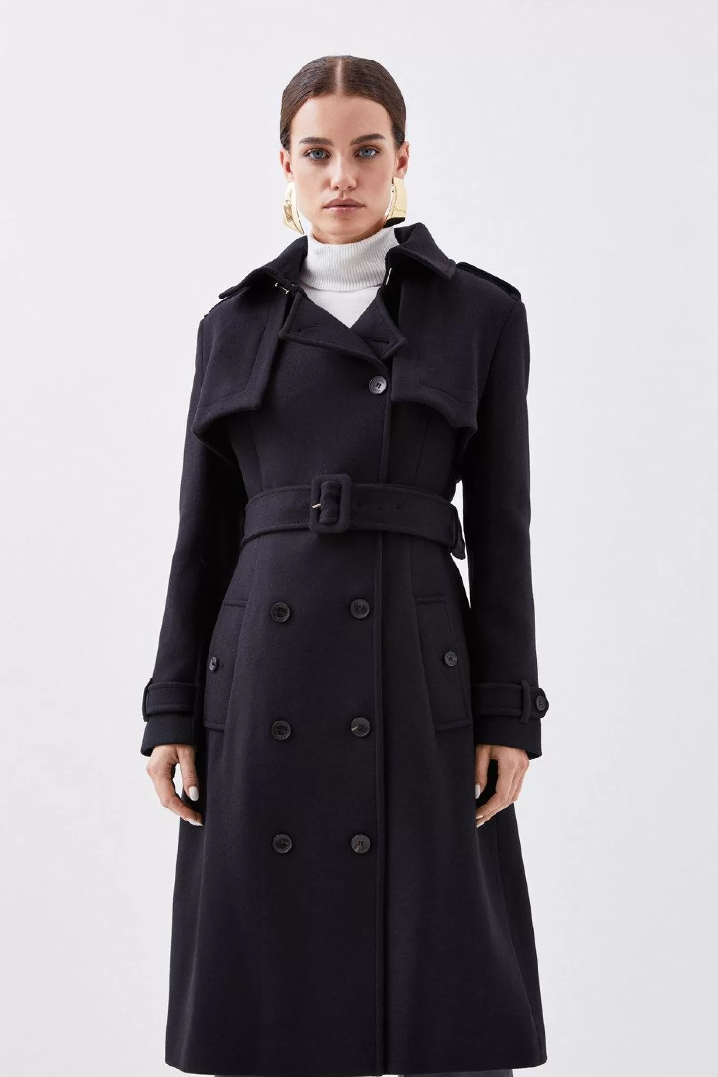 Karen Millen Petite Tailored Wool Blend Storm Flap Detail Belted Trench
