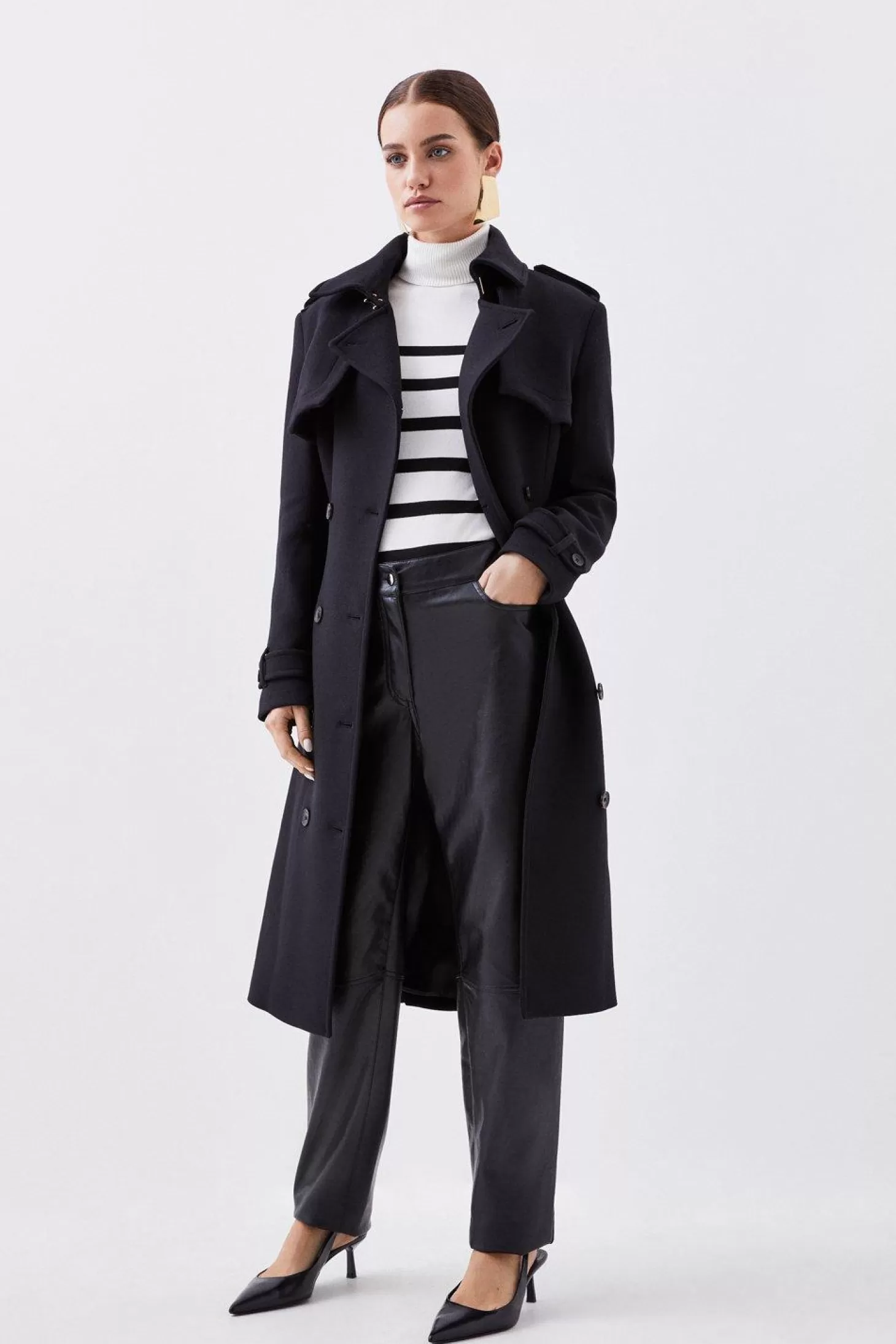 Karen Millen Petite Tailored Wool Blend Storm Flap Detail Belted Trench