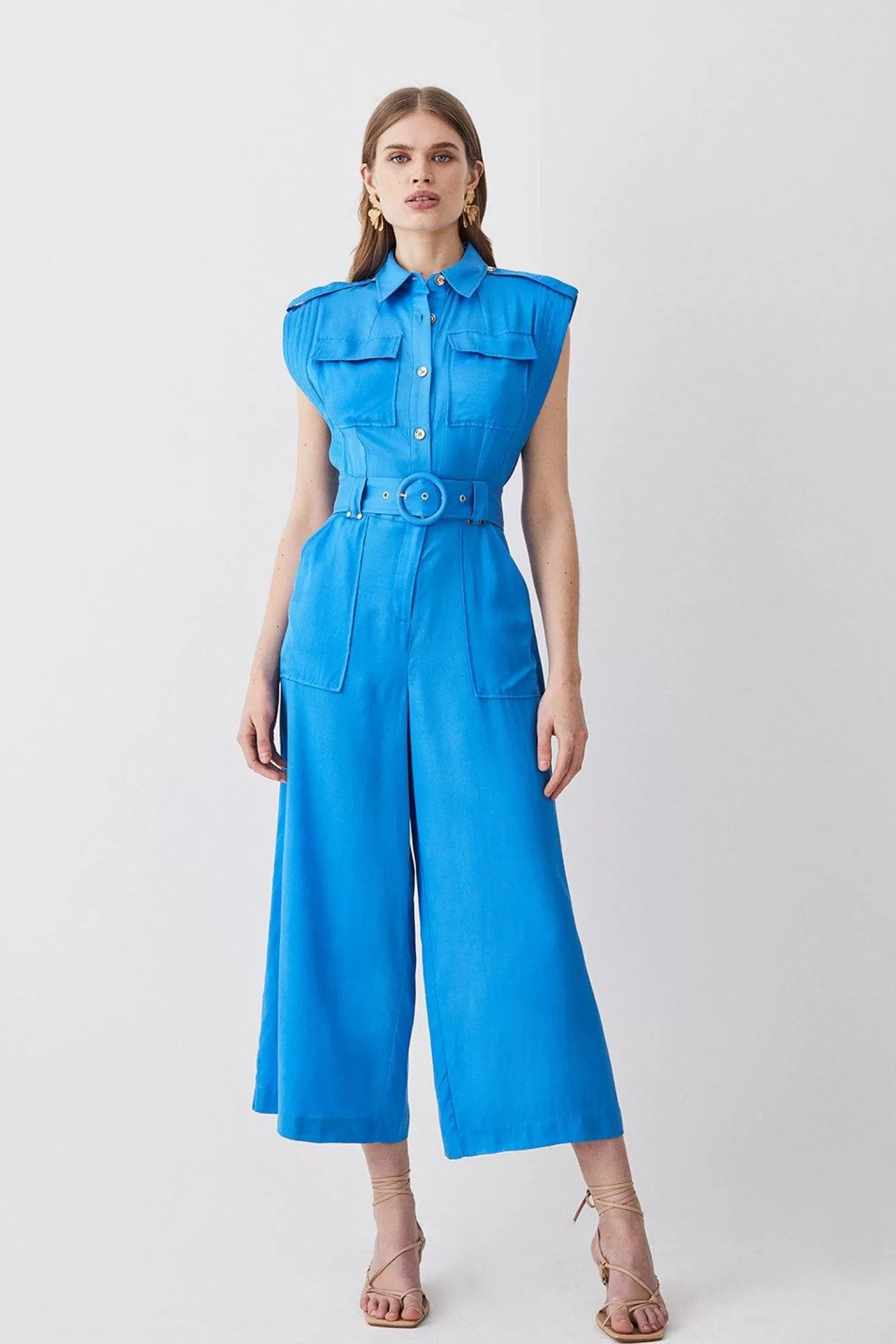 Karen Millen Petite Topstitch Belted Linen Viscose Jumpsuit