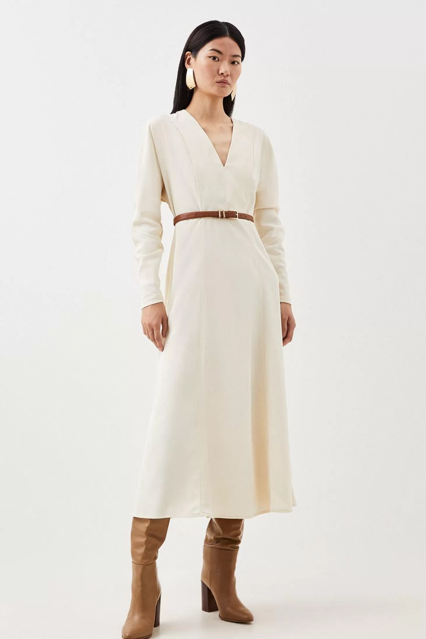 Karen Millen Petite Twill V Neck Full Skirt Belted Midi Dress