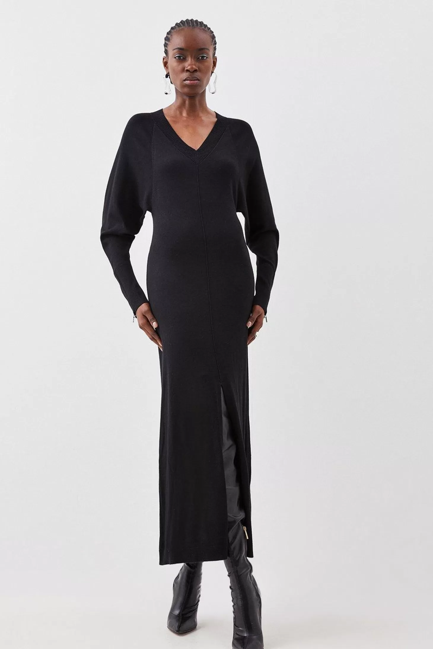 Karen Millen Petite Viscose Blend Batwing Knitted Column Maxi Dress