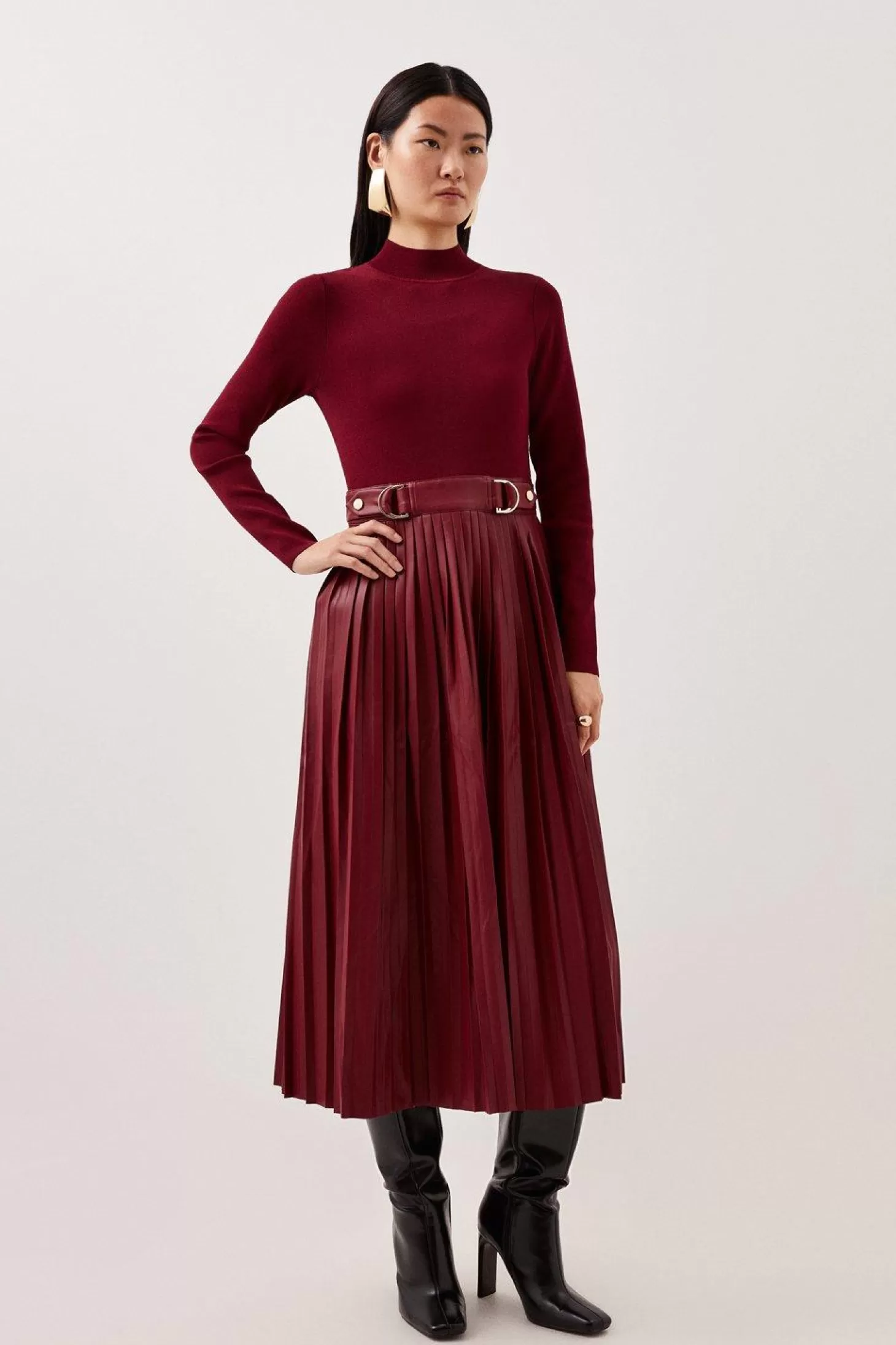 Karen Millen Petite Viscose Blend Knit Pu Pleated Skirt Maxi Dress