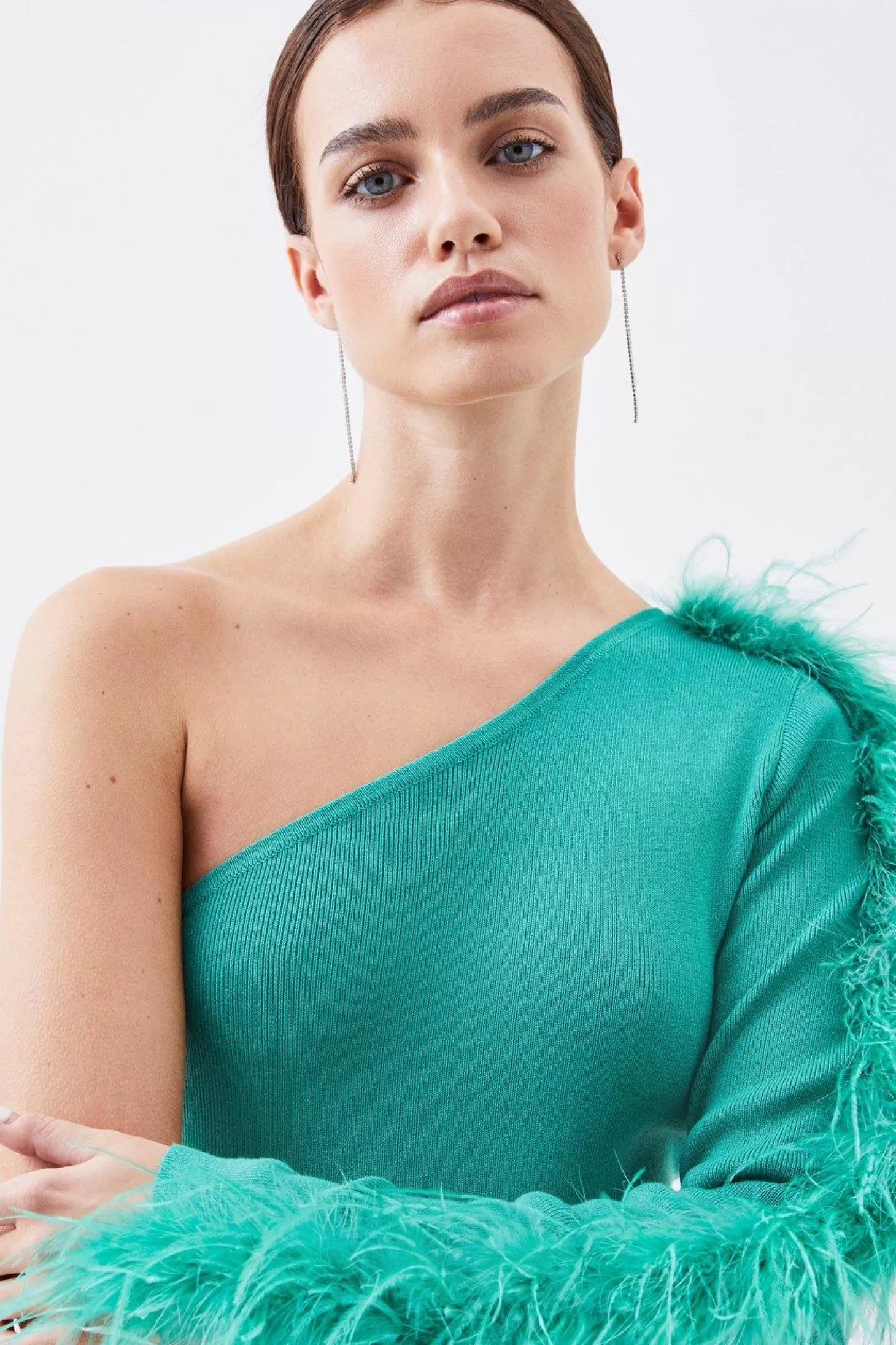 Karen Millen Petite Viscose Blend One Shoulder Feather Detail Knit Midi Dress