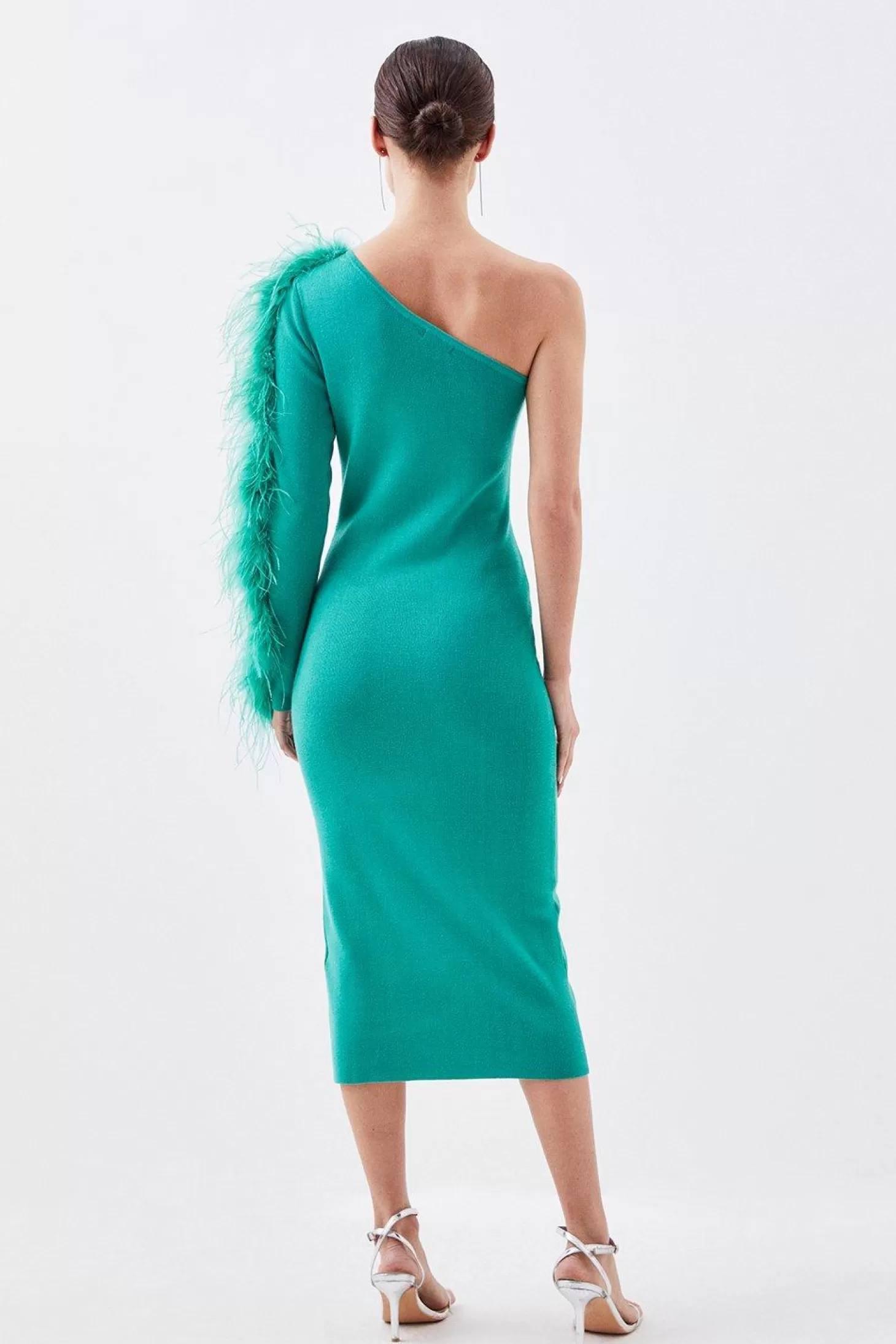 Karen Millen Petite Viscose Blend One Shoulder Feather Detail Knit Midi Dress
