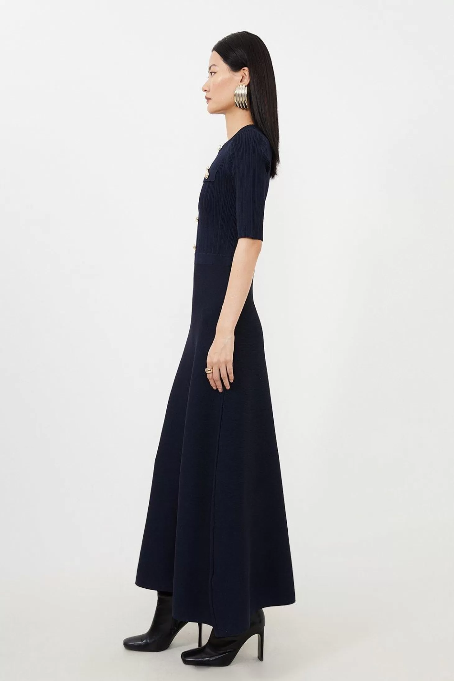 Karen Millen Petite Viscose Blend Rib Knit Military Half Sleeve Midaxi Dress