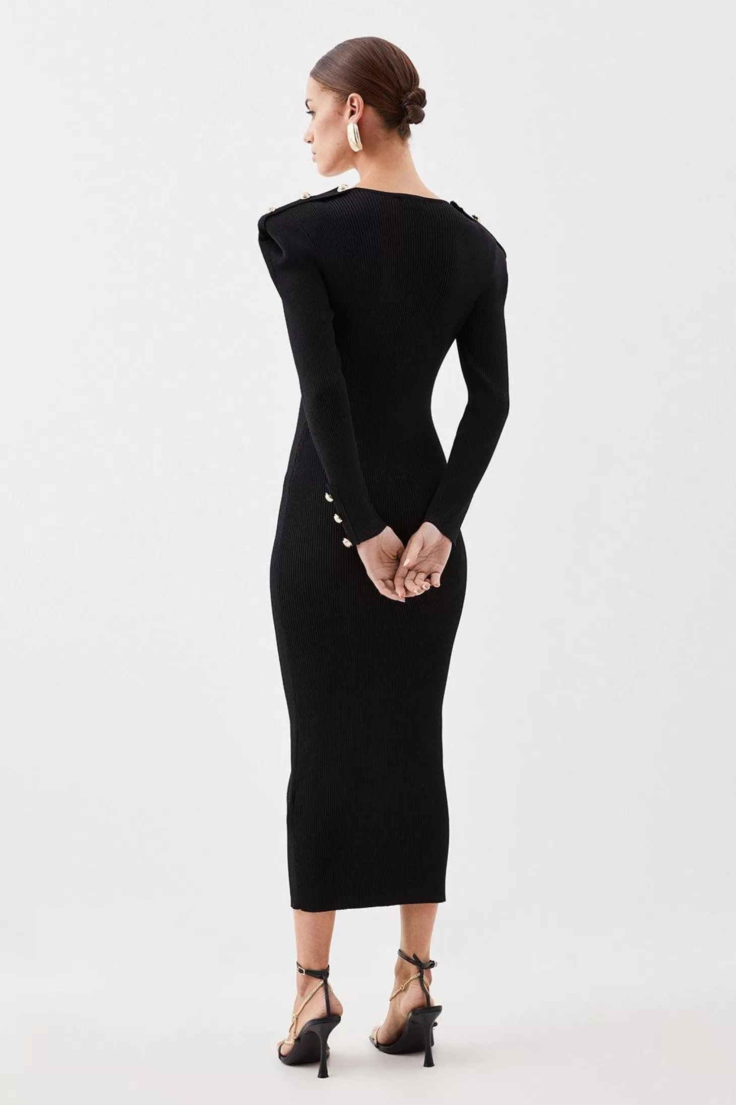 Karen Millen Petite Viscose Blend Rib Knit Military Power Shoulder Midaxi Dress