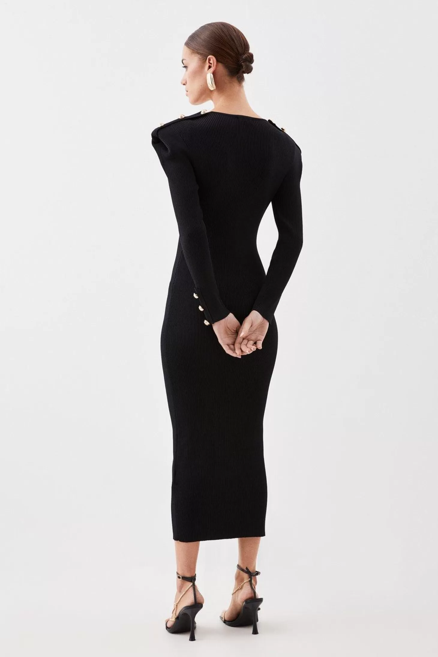 Karen Millen Petite Viscose Blend Rib Knit Military Power Shoulder Midaxi Dress
