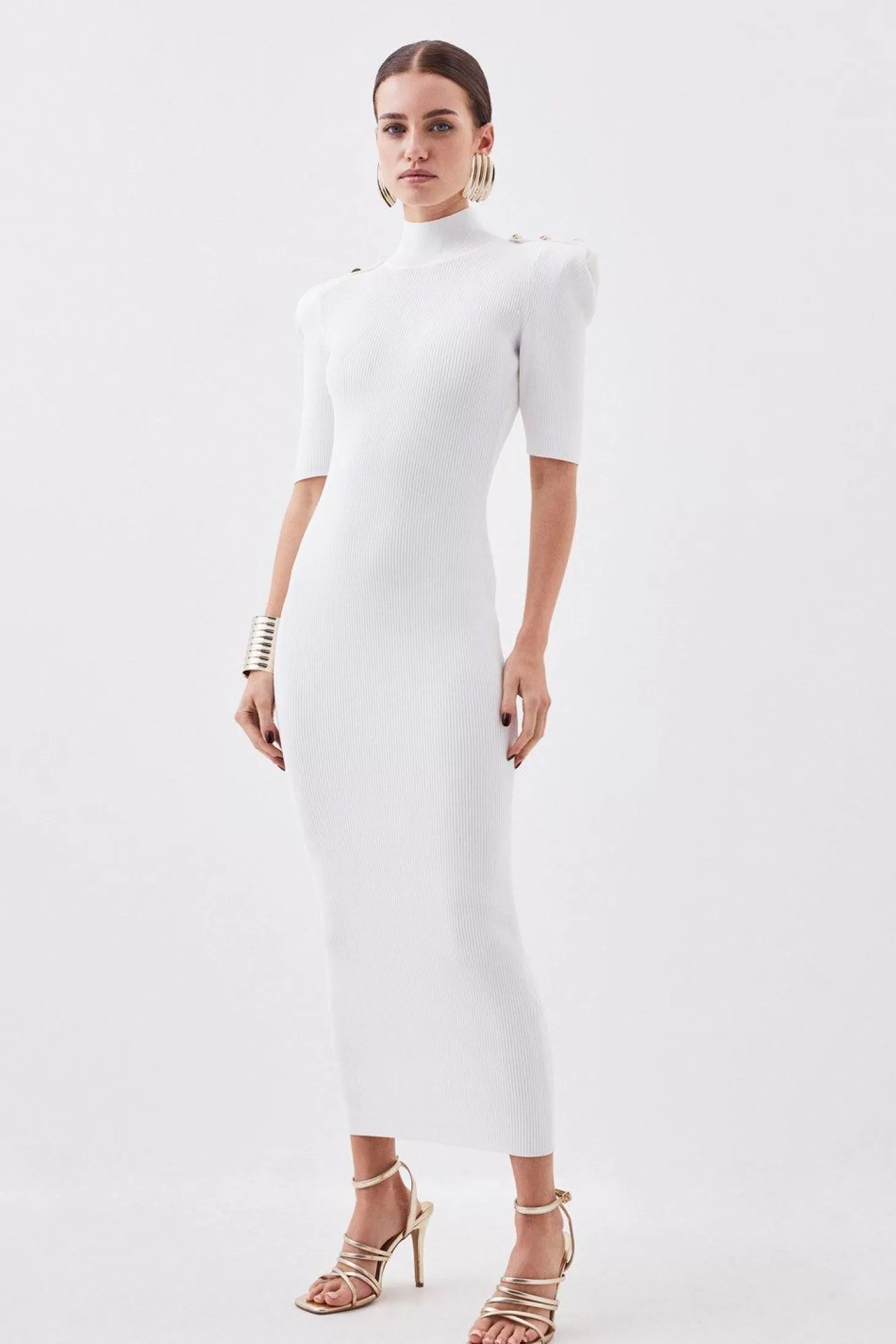 Karen Millen Petite Viscose Blend Rib Knit Power Shoulder Military Trim Maxi Dress
