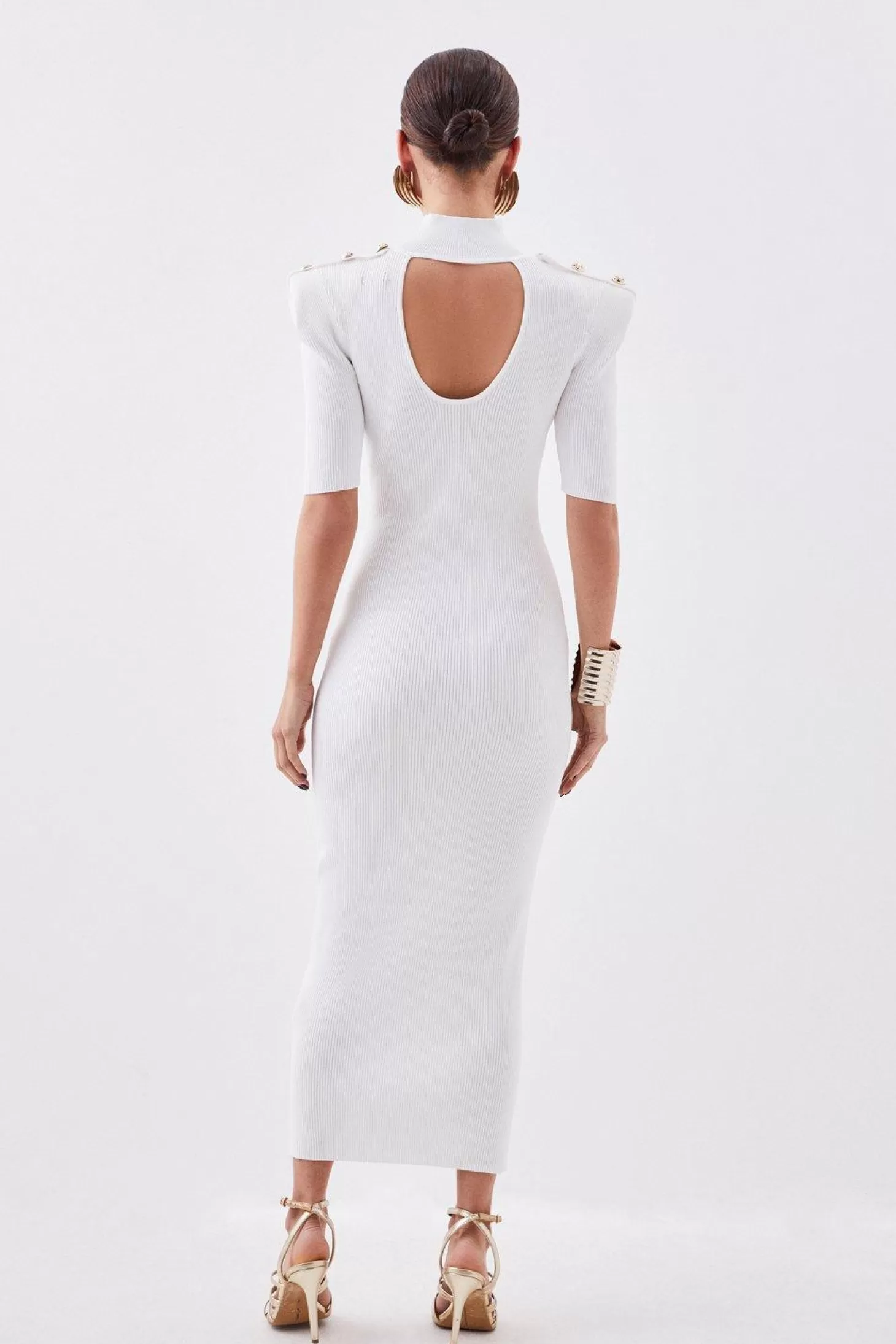 Karen Millen Petite Viscose Blend Rib Knit Power Shoulder Military Trim Maxi Dress