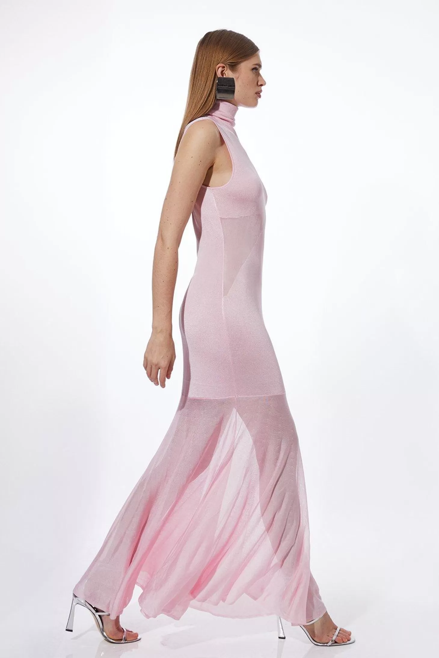 Karen Millen Petite Viscose Blend Slinky Sheer Knit Roll Neck Maxi Dress