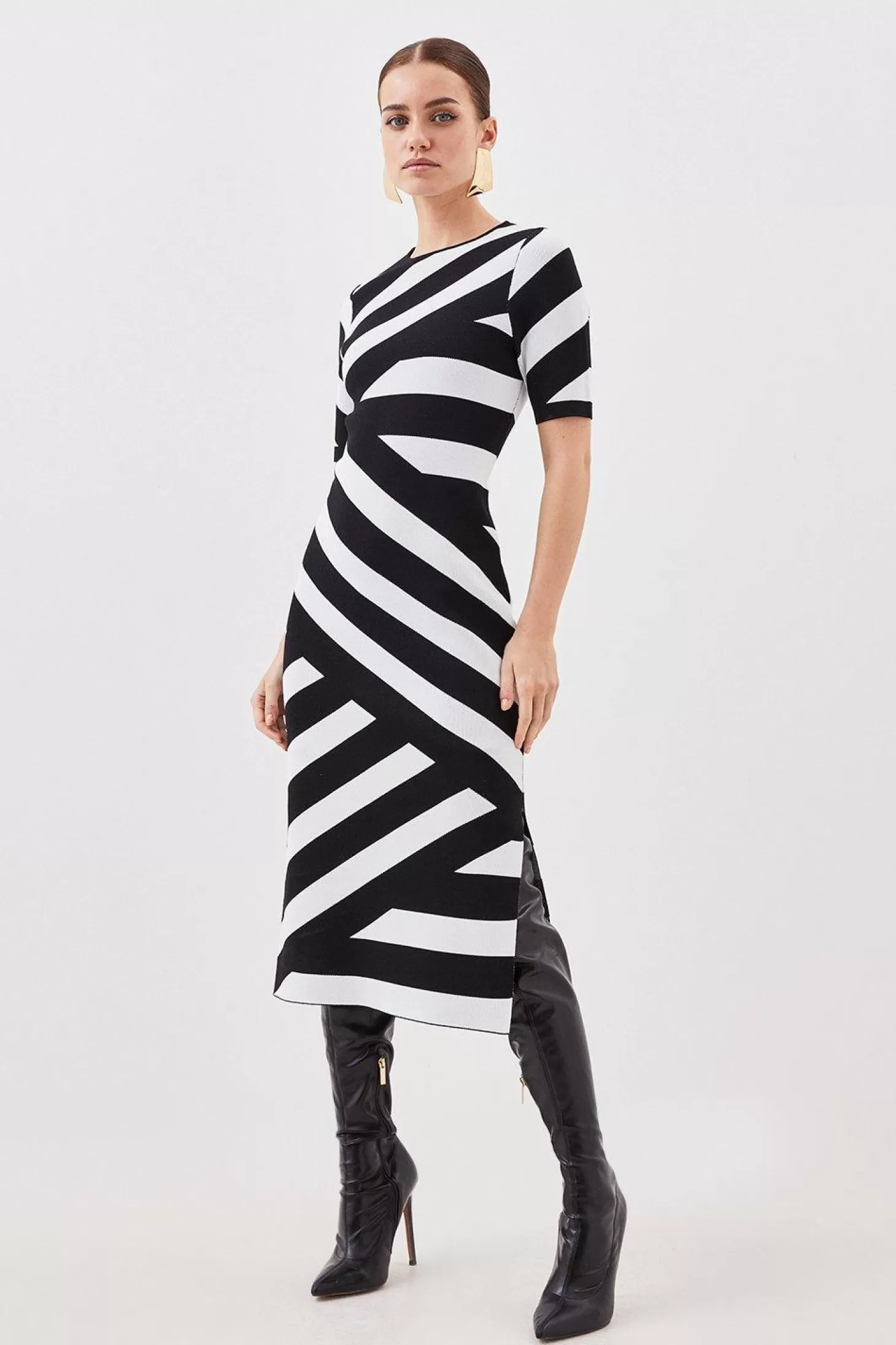 Karen Millen Petite Viscose Blend Striped Knit Midaxi Dress