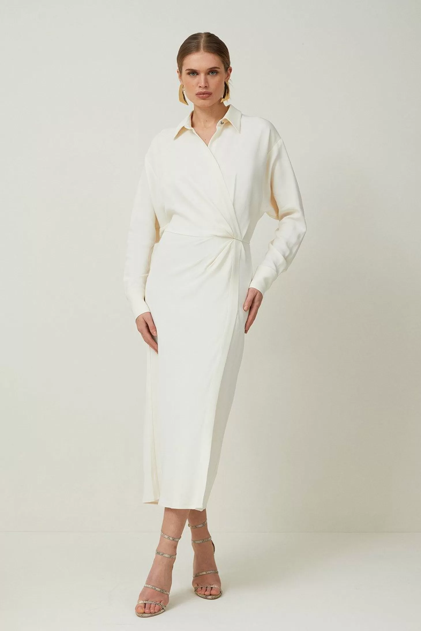 Karen Millen Petite Viscose Crepe Long Sleeve Woven Midi Shirt Dress