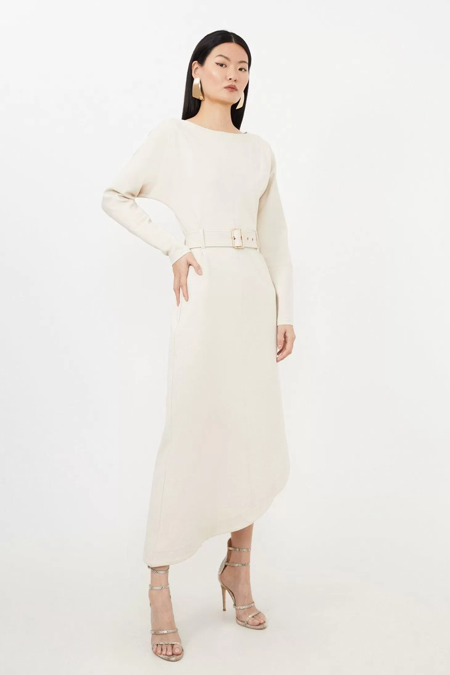 Karen Millen Petite Waterfall Hem Belted Ponte Jersey Maxi Dress