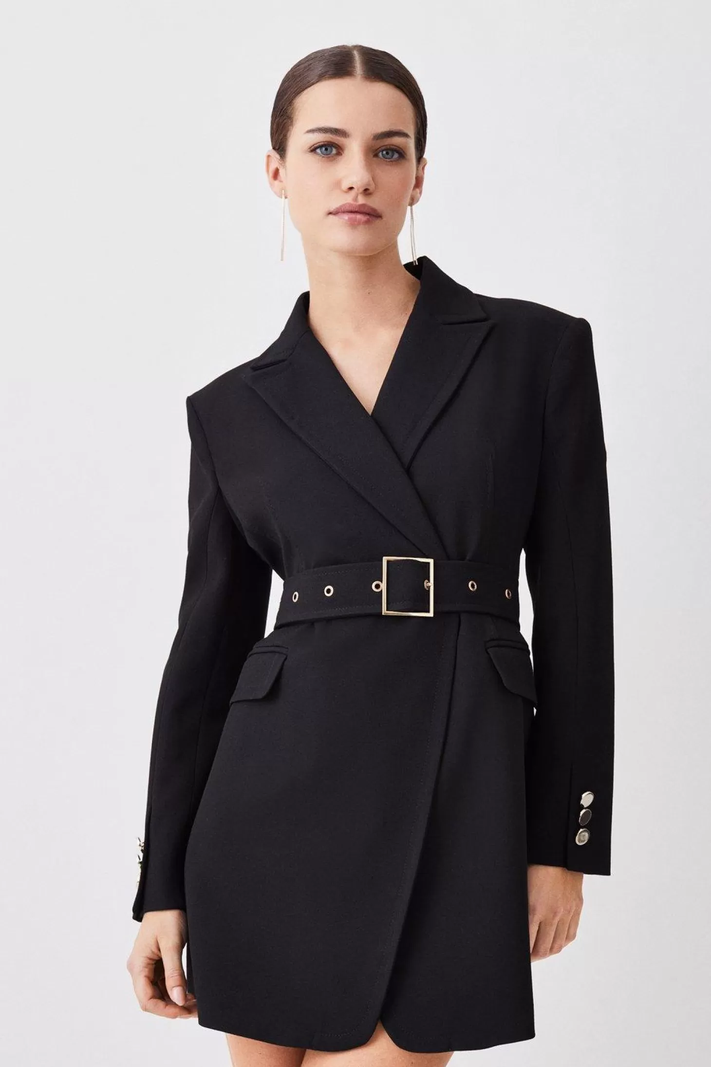 Karen Millen Petitestructured Crepe Belted Wide Shoulder Longline Blazer