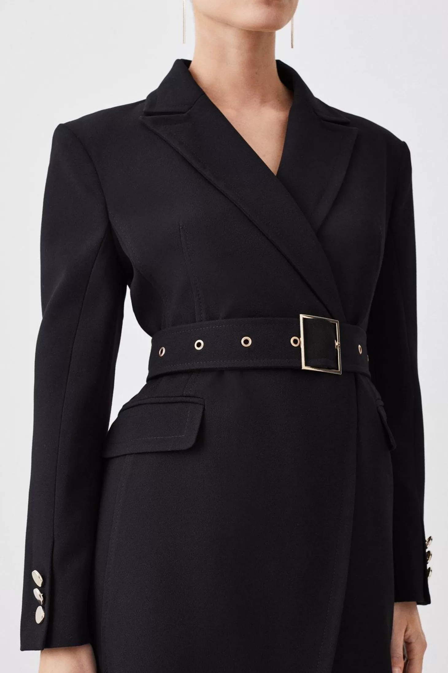 Karen Millen Petitestructured Crepe Belted Wide Shoulder Longline Blazer