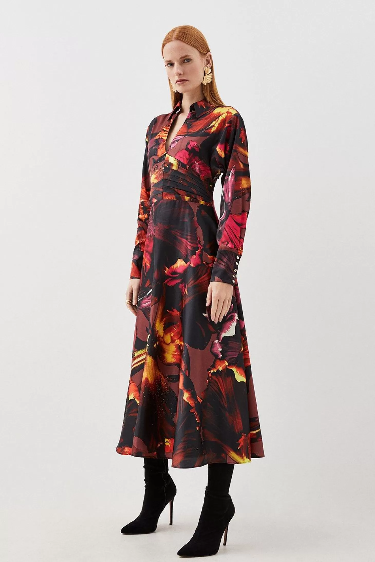 Karen Millen Photographic Lily Draped Satin Woven Midi Dress